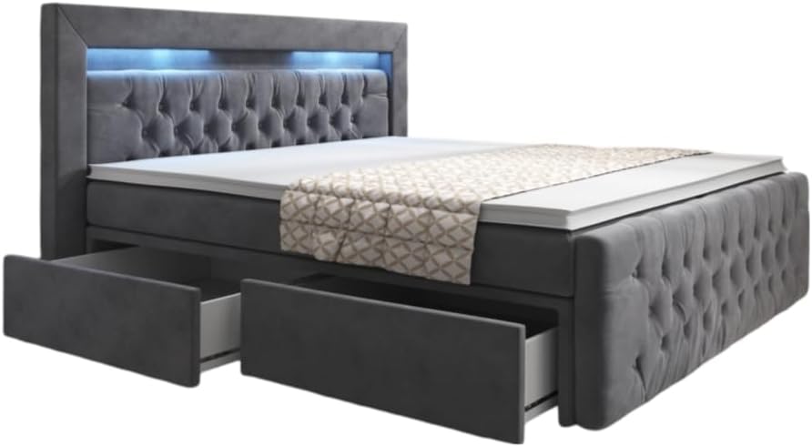Boxspringbett Menzogna 140x200 Doppelbett Polsterbett Bett mit LED-Beleuchtung und Stauraum | Bezug: Samt | Farbe: Grau | Härtegrad: H3 (70-100kg)