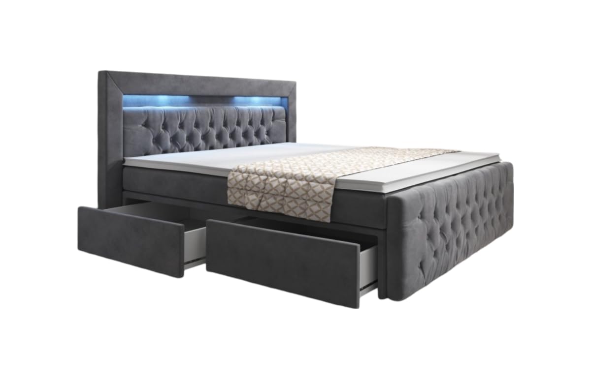 Boxspringbett Menzogna 140x200 Doppelbett Polsterbett Bett mit LED-Beleuchtung und Stauraum | Bezug: Samt | Farbe: Grau | Härtegrad: H3 (70-100kg)