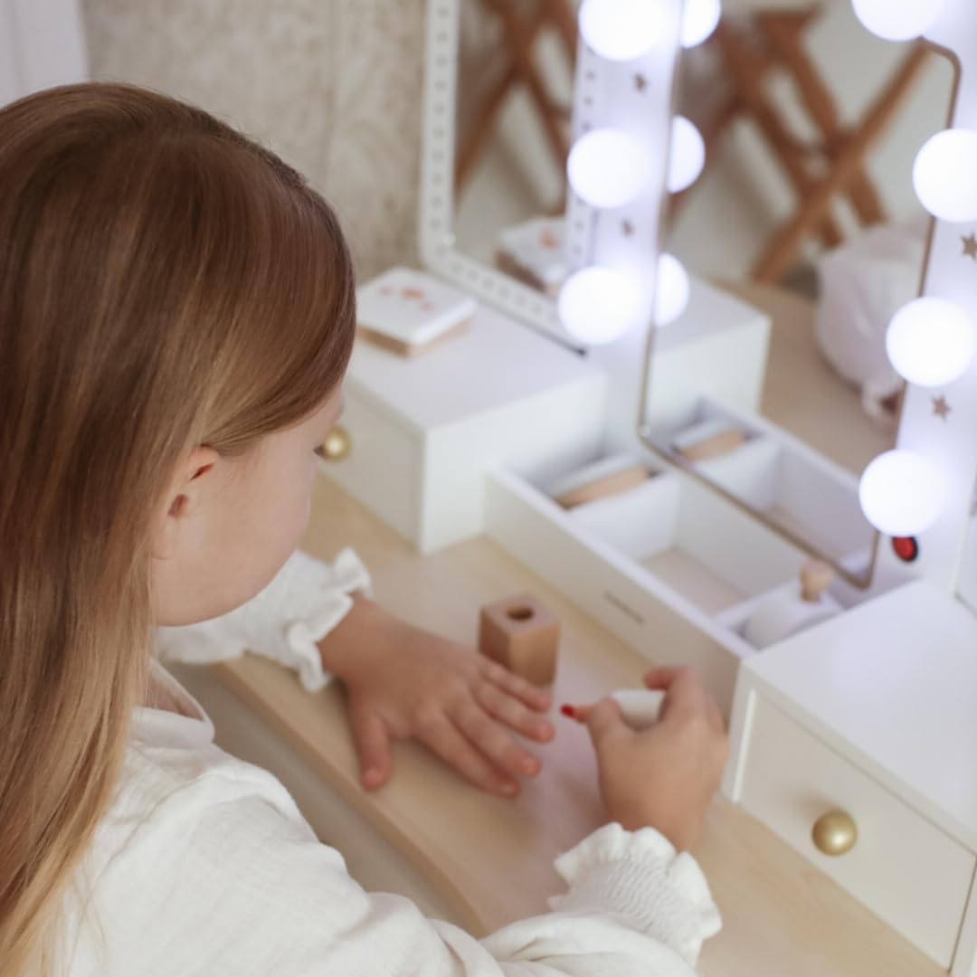 mamabrum XXL Kinder Schminktisch aus Holz mit Hocker & LED-Spiegel – Frisiertisch ab 3 Jahren mit Schublade & Beauty Zubehör – Kreatives Spielset & Schreibtisch für Mädchen
