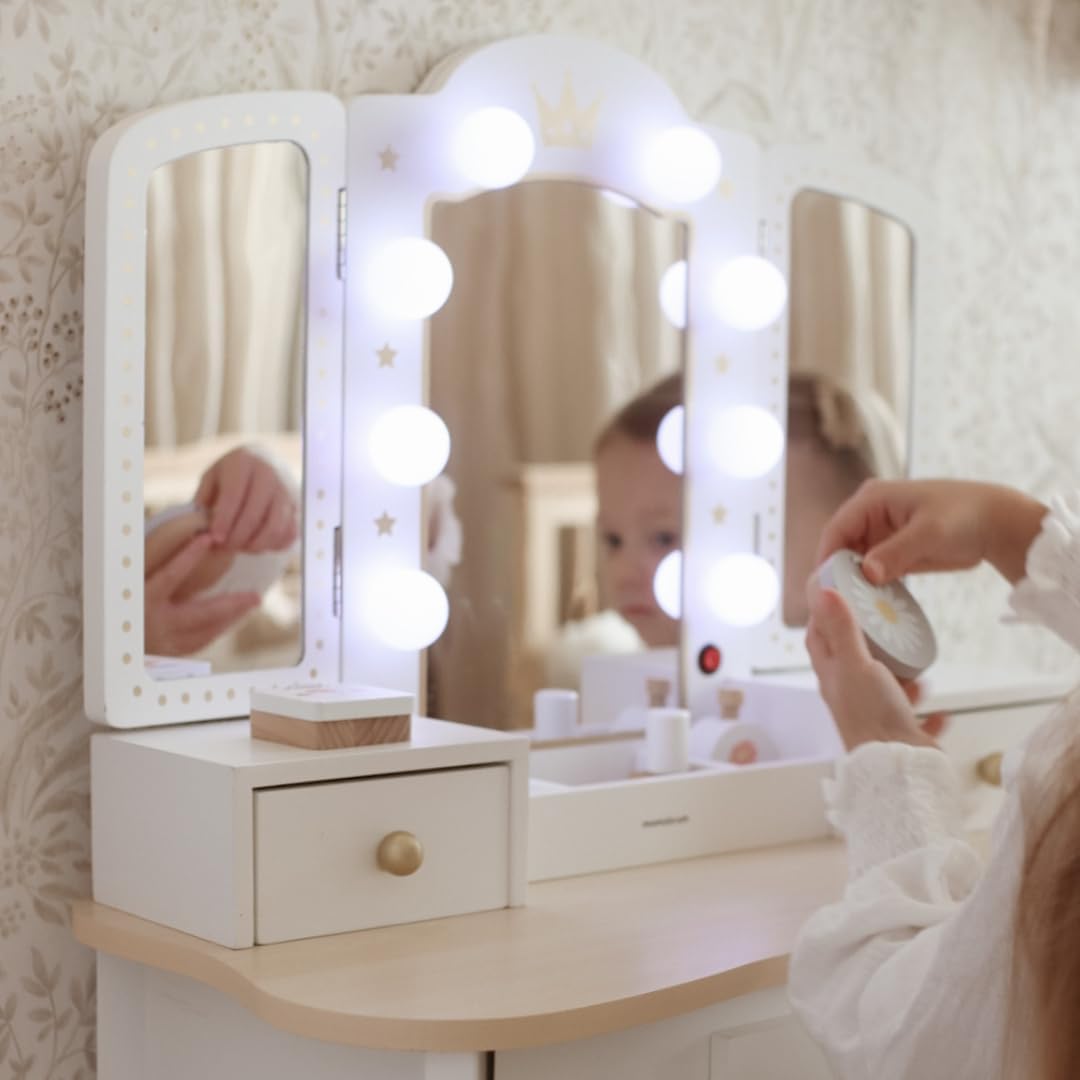 mamabrum XXL Kinder Schminktisch aus Holz mit Hocker & LED-Spiegel – Frisiertisch ab 3 Jahren mit Schublade & Beauty Zubehör – Kreatives Spielset & Schreibtisch für Mädchen