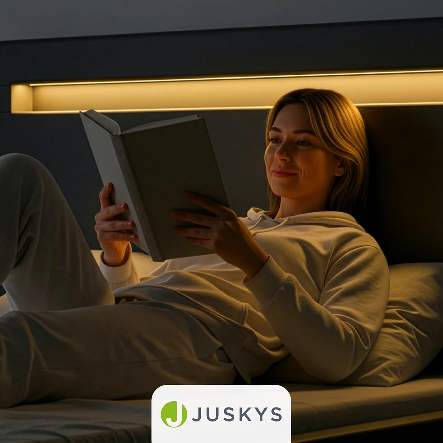 Juskys Polsterbett Paris mit LED-Beleuchtung, Holzgestell & Lattenrost, Modernes Schlafzimmerbett