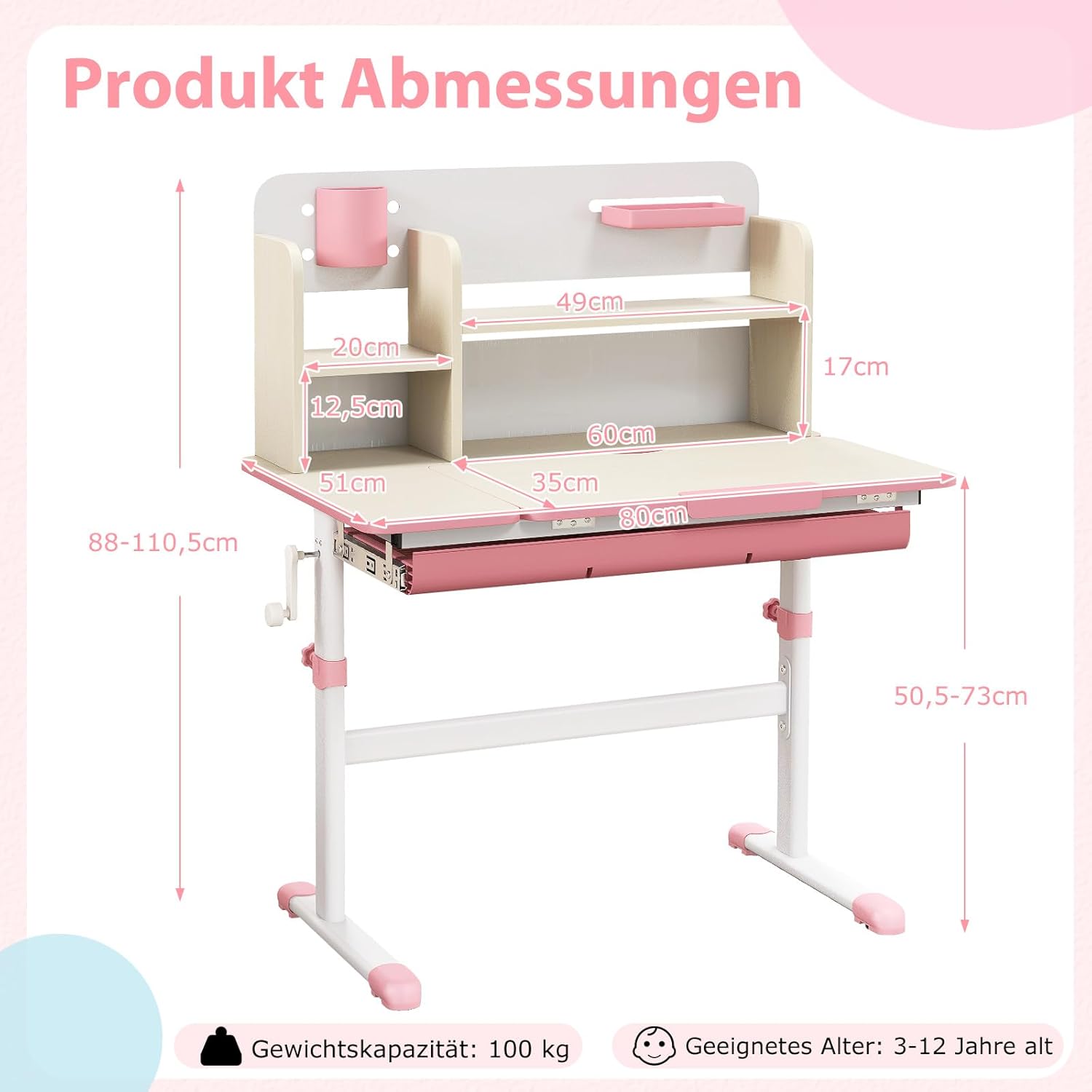 COSTWAY Kinderschreibtisch höhenverstellbar, Schreibtisch Kinder mit neigbarer Tischplatte, Regalen & Schublade, Jugendschreibtisch Schülerschreibtisch für 3-12 Jahre Kinder (Rosa)