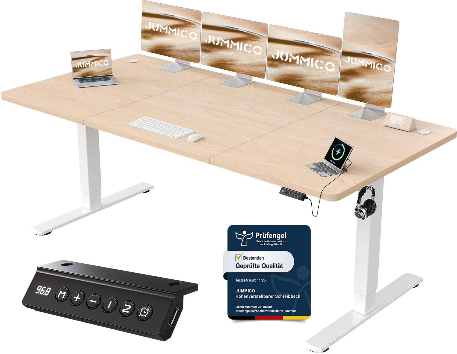 JUMMICO Höhenverstellbarer Schreibtisch mit USB-Ladeanschluss 200 x 80 cm, Schreibtisch Höhenverstellbar Elektrisch, Steh-Sitz Tisch Stehpult Verstellbarer Computertisch,Standing Desk,Weiß