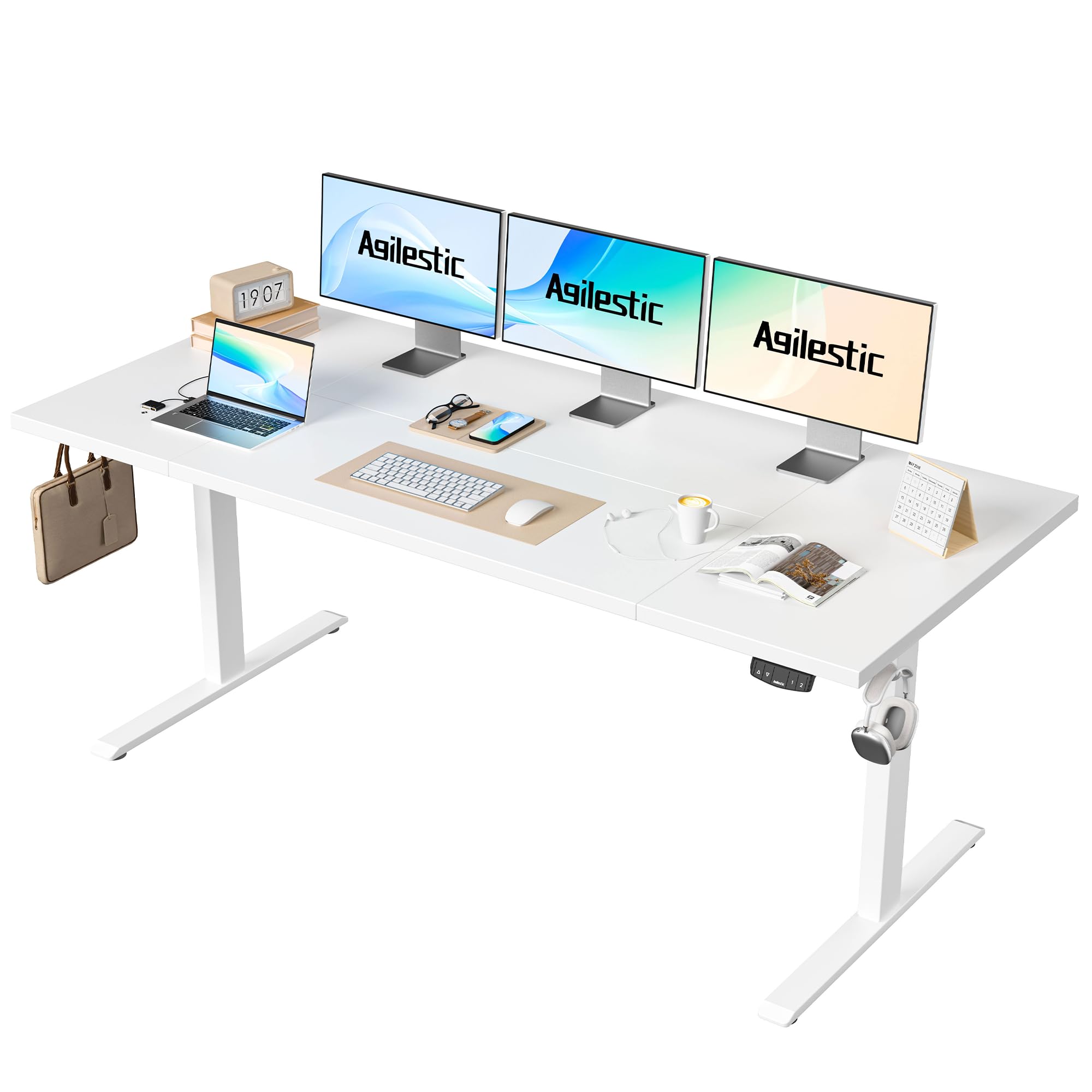 Agilestic Elektrisch Höhenverstellbarer Schreibtisch 120x80 cm, Sitz-Steh Stehpult mit Memory-Funktion, Höhenverstellbarer Computertisch, Gaming-Schreibtisch mit Vierteiliger Tischplatte,Weiß