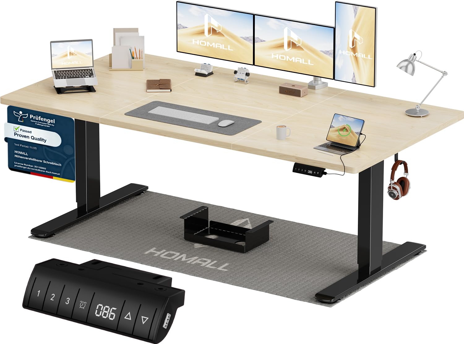 Homall Höhenverstellbarer Schreibtisch 140x70cm mit USB-A Ladeanschluss, Elektrischer Schreibtisch mit Kabel Management Tray, Standing Desk mit 3 Memory Funktion, Computertisch Weiß