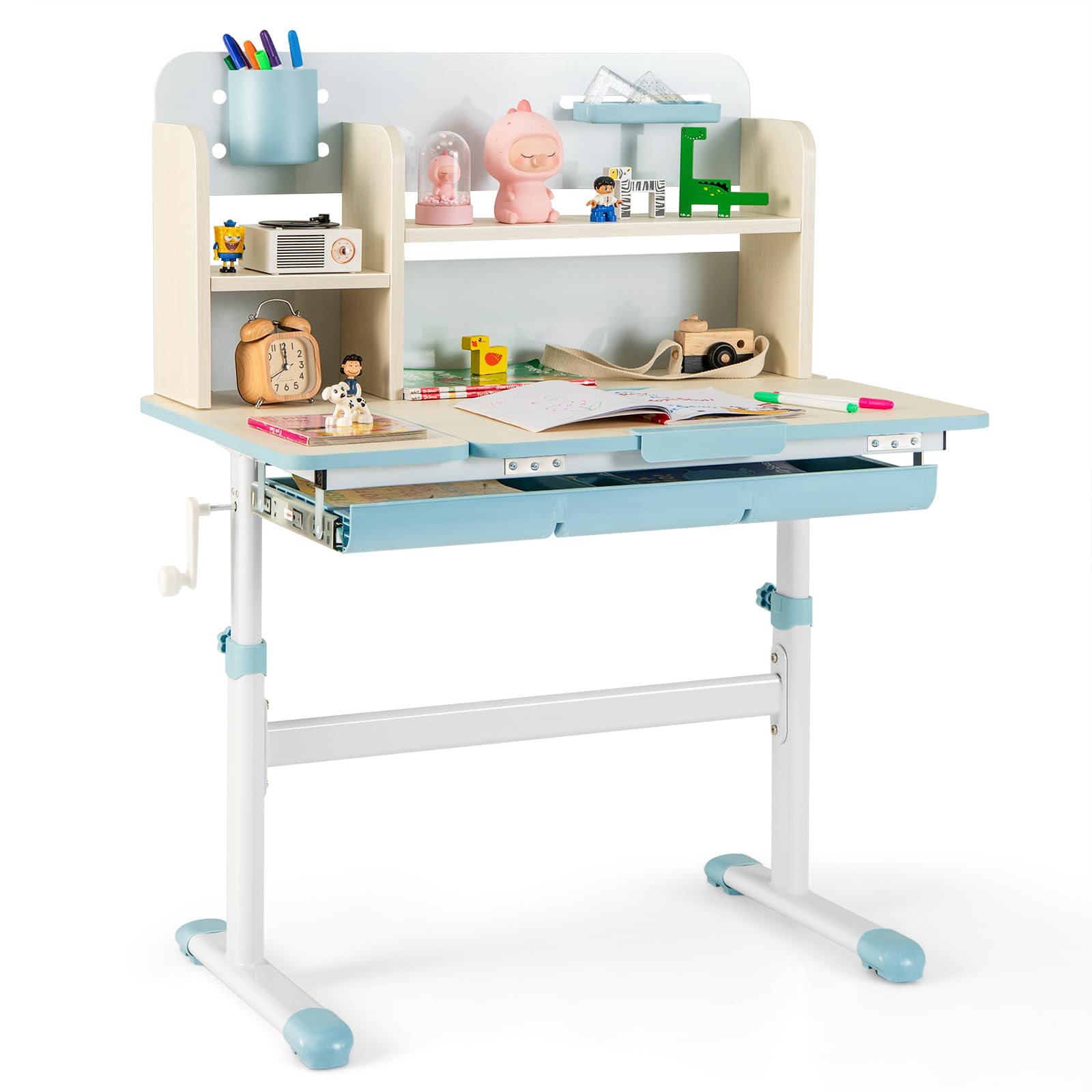 COSTWAY Kinderschreibtisch höhenverstellbar, Schreibtisch Kinder mit neigbarer Tischplatte, Regalen & Schublade, Jugendschreibtisch Schülerschreibtisch für 3-12 Jahre Kinder (Rosa)