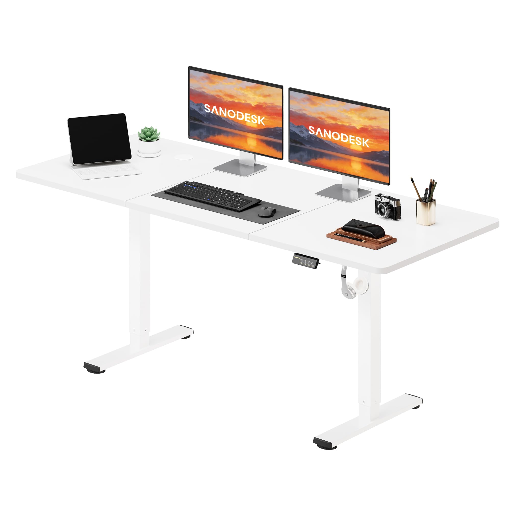 SANODESK Höhenverstellbarer Schreibtisch 200×80 cm – XXL Standing Desk mit 70 kg Tragkraft, Anti-Kollisions-Schutz & vielseitigem Zubehör, ideal für Teamarbeit oder Studio(Weiß)