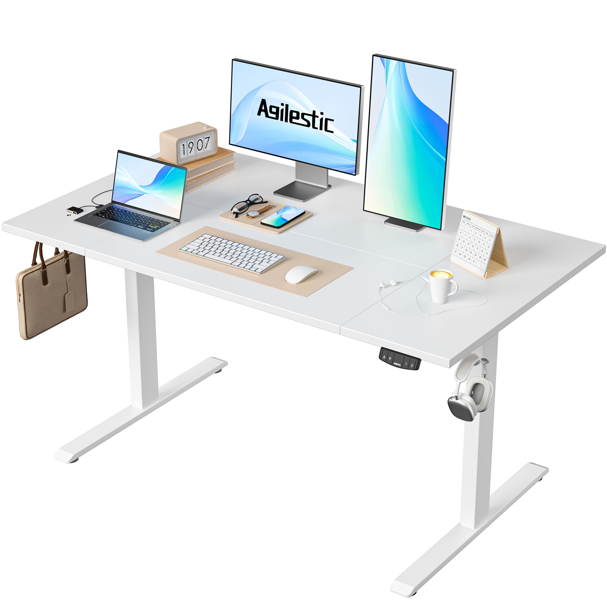 Agilestic Elektrisch Höhenverstellbarer Schreibtisch 120x80 cm, Sitz-Steh Stehpult mit Memory-Funktion, Höhenverstellbarer Computertisch, Gaming-Schreibtisch mit Vierteiliger Tischplatte,Weiß