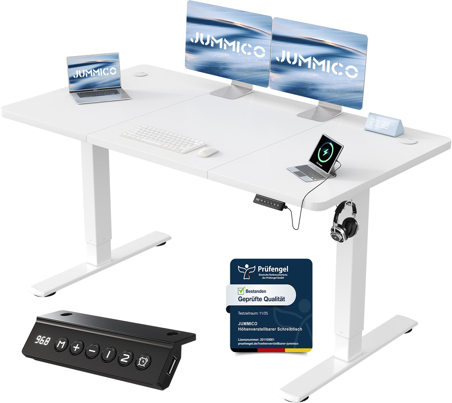 JUMMICO Höhenverstellbarer Schreibtisch mit USB-Ladeanschluss 200 x 80 cm, Schreibtisch Höhenverstellbar Elektrisch, Steh-Sitz Tisch Stehpult Verstellbarer Computertisch,Standing Desk,Weiß