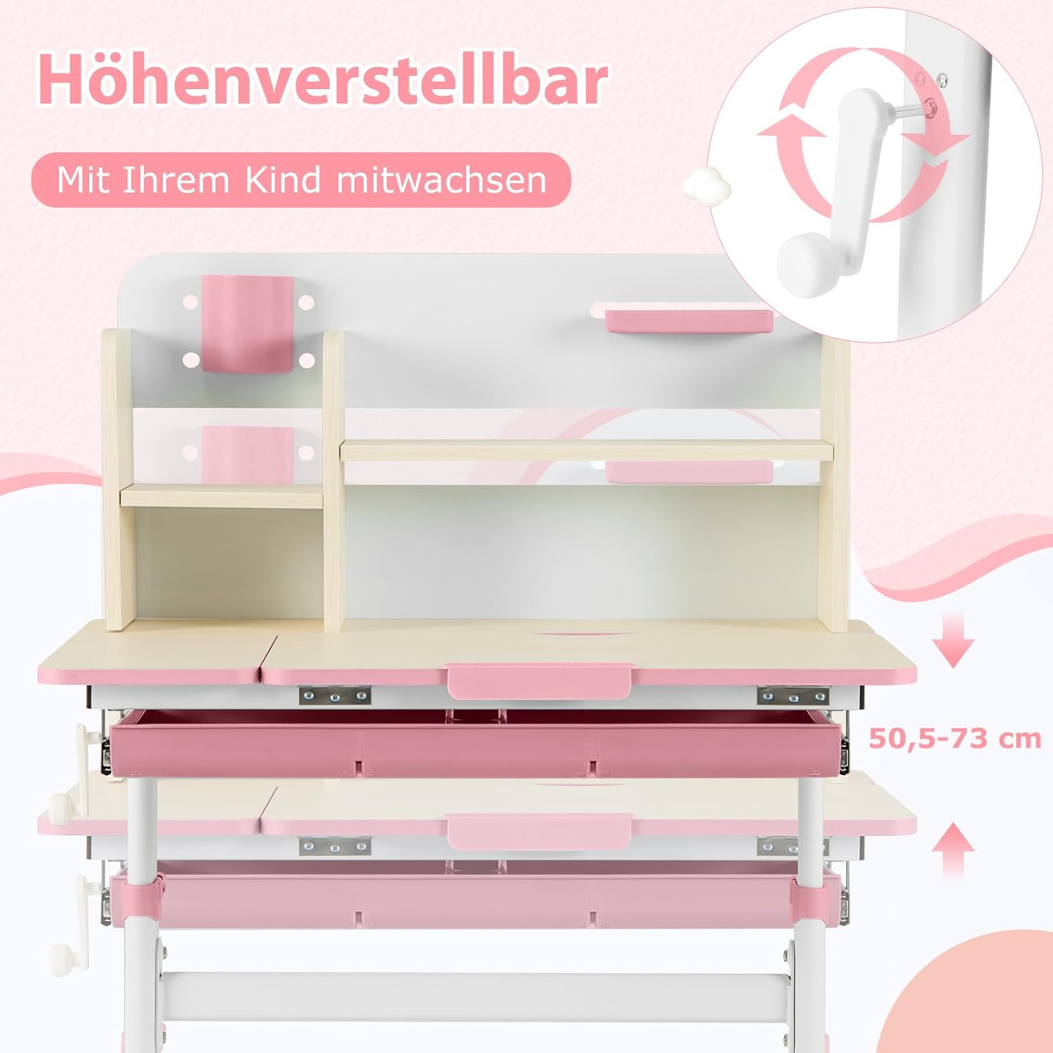 COSTWAY Kinderschreibtisch höhenverstellbar, Schreibtisch Kinder mit neigbarer Tischplatte, Regalen & Schublade, Jugendschreibtisch Schülerschreibtisch für 3-12 Jahre Kinder (Rosa)