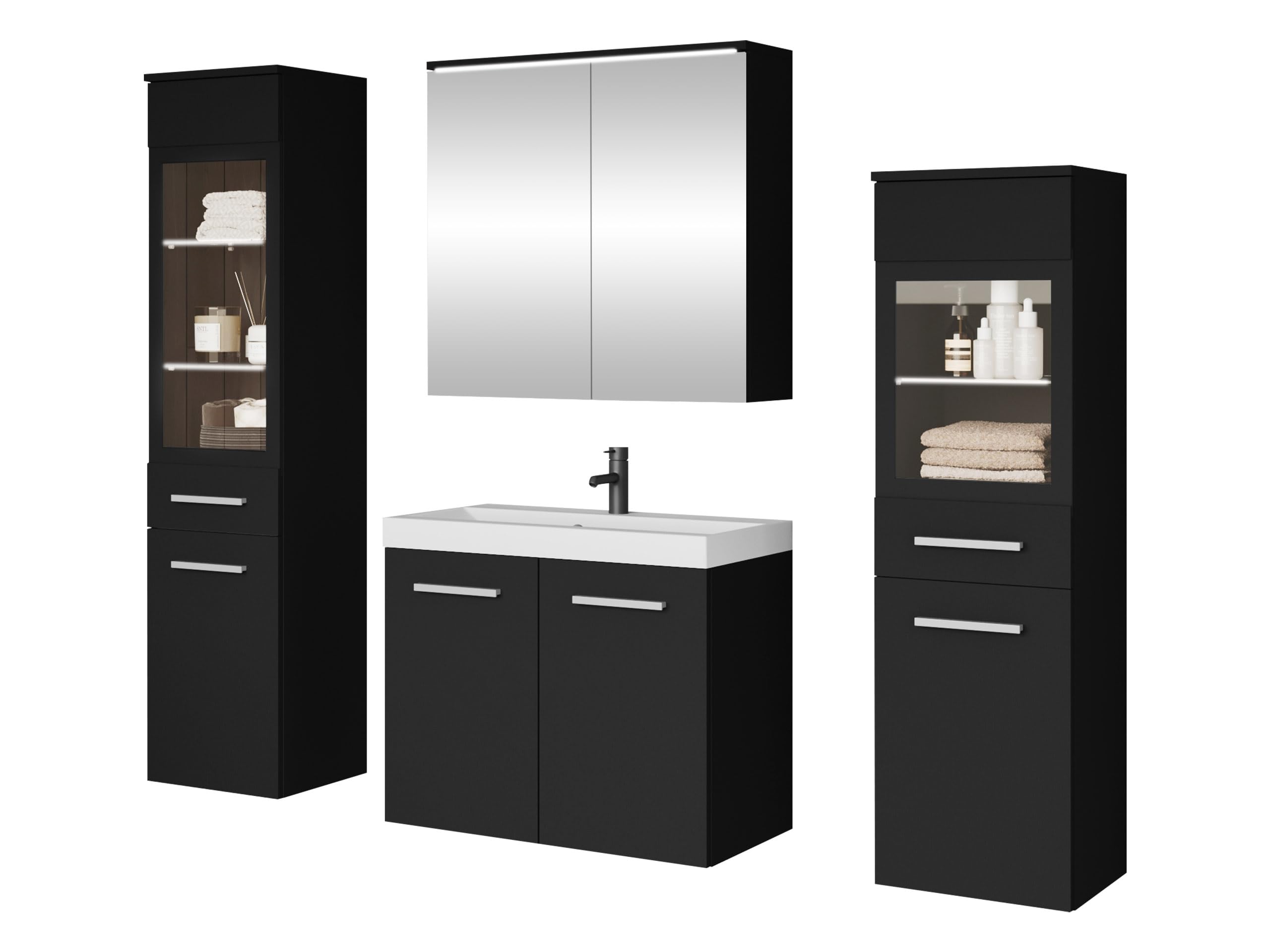 Mirjan24 Badmöbel Set Madrit II mit Waschbecken und Siphon, Komplettprogramme für Spiegelschrank, Waschtisch, Hochschrank (Kastanien Breslau/Grau Hochglanz, ohne Beleuchtung)