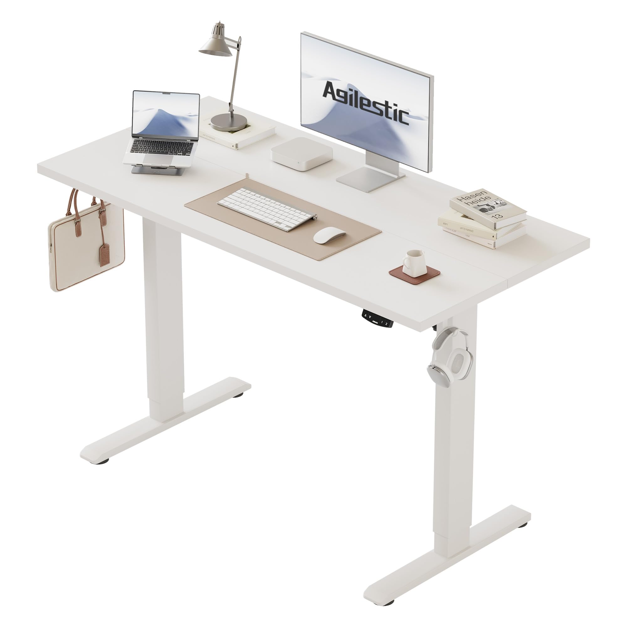Agilestic Elektrisch Höhenverstellbarer Schreibtisch 120x80 cm, Sitz-Steh Stehpult mit Memory-Funktion, Höhenverstellbarer Computertisch, Gaming-Schreibtisch mit Vierteiliger Tischplatte,Weiß