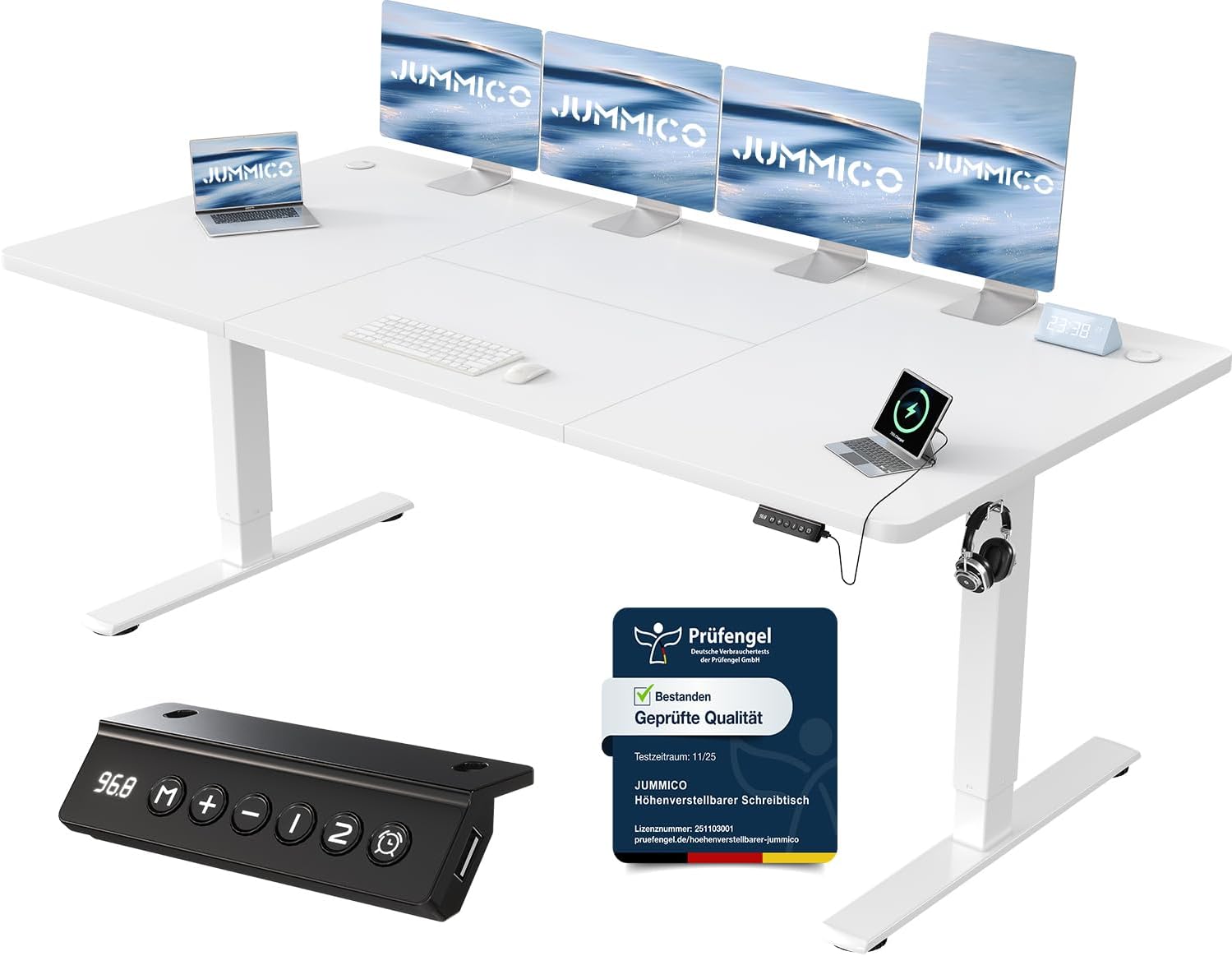 JUMMICO Höhenverstellbarer Schreibtisch mit USB-Ladeanschluss 200 x 80 cm, Schreibtisch Höhenverstellbar Elektrisch, Steh-Sitz Tisch Stehpult Verstellbarer Computertisch,Standing Desk,Weiß