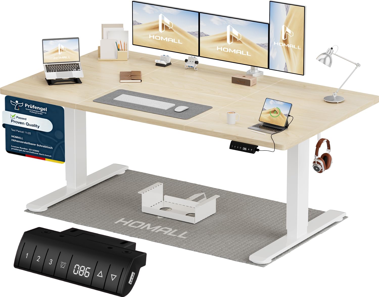 Homall Höhenverstellbarer Schreibtisch 140x70cm mit USB-A Ladeanschluss, Elektrischer Schreibtisch mit Kabel Management Tray, Standing Desk mit 3 Memory Funktion, Computertisch Weiß