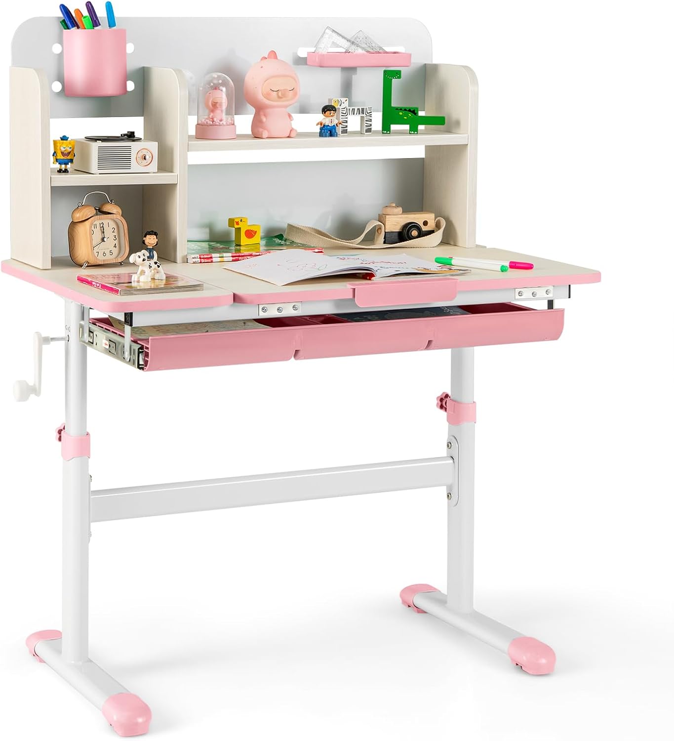 COSTWAY Kinderschreibtisch höhenverstellbar, Schreibtisch Kinder mit neigbarer Tischplatte, Regalen & Schublade, Jugendschreibtisch Schülerschreibtisch für 3-12 Jahre Kinder (Rosa)
