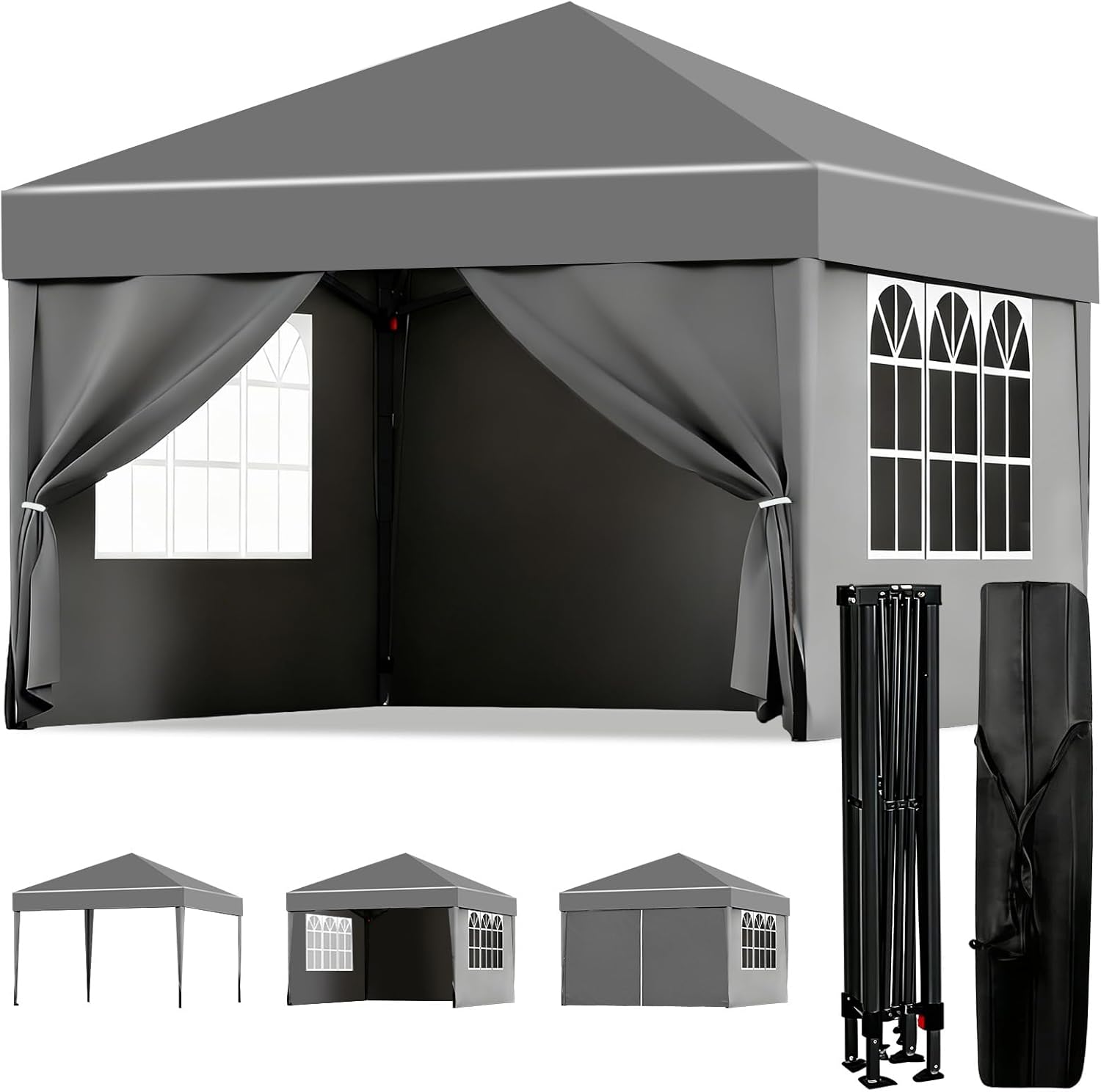 ISE Pavillon 3x3 m Faltpavillon mit Seitenwänden Grau aus Stahl UV50+