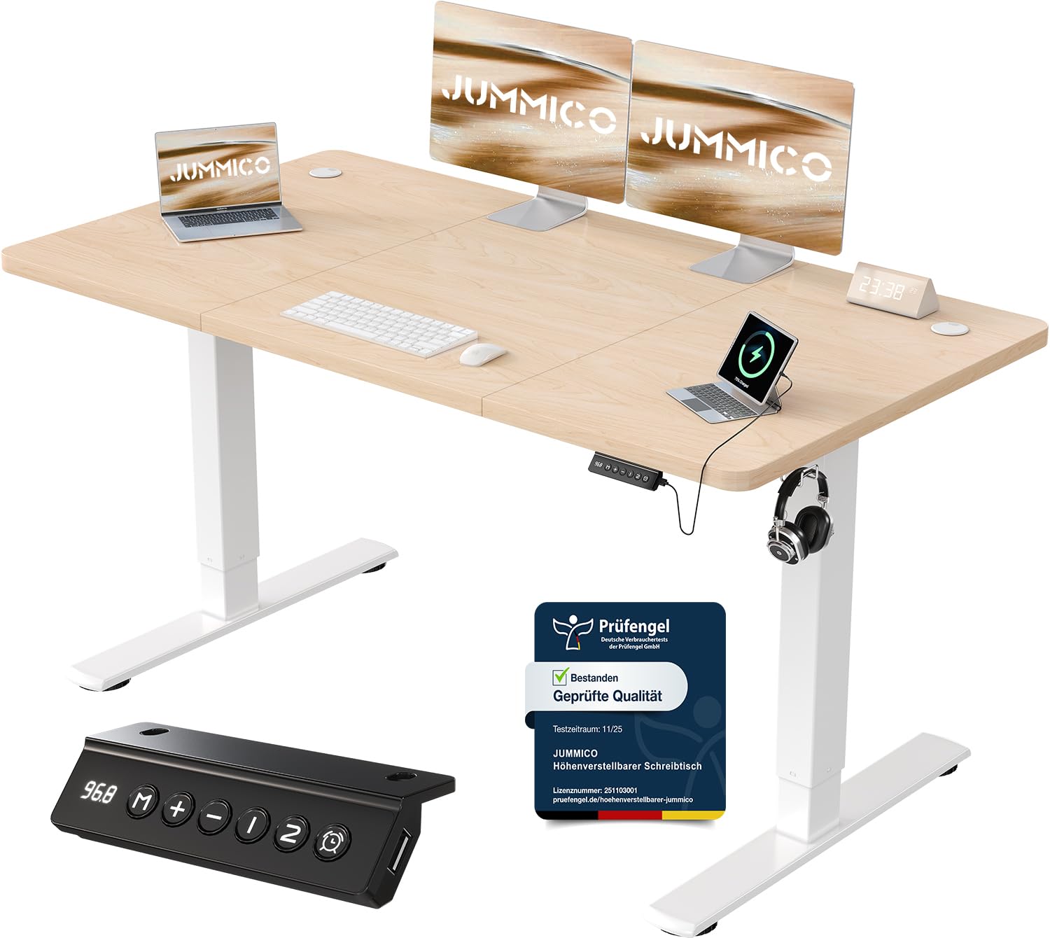 JUMMICO Höhenverstellbarer Schreibtisch mit USB-Ladeanschluss 200 x 80 cm, Schreibtisch Höhenverstellbar Elektrisch, Steh-Sitz Tisch Stehpult Verstellbarer Computertisch,Standing Desk,Weiß