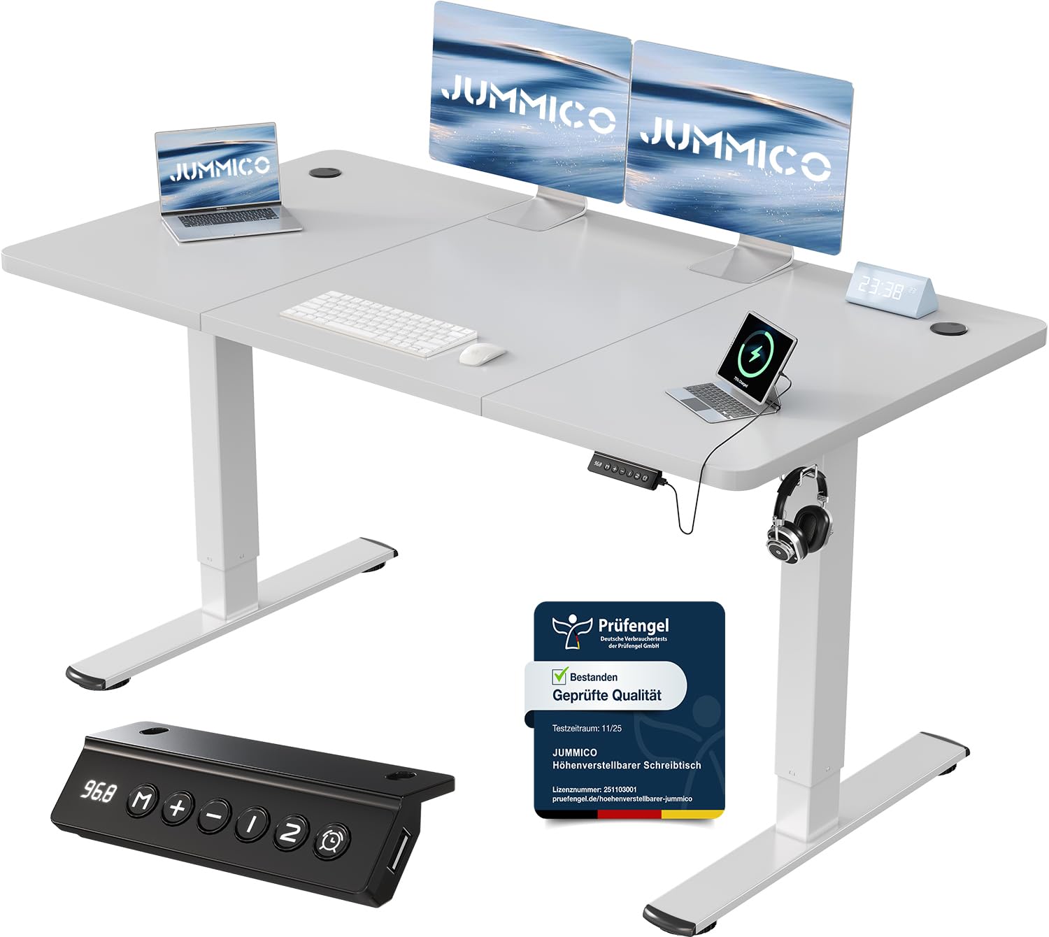 JUMMICO Höhenverstellbarer Schreibtisch mit USB-Ladeanschluss 200 x 80 cm, Schreibtisch Höhenverstellbar Elektrisch, Steh-Sitz Tisch Stehpult Verstellbarer Computertisch,Standing Desk,Weiß