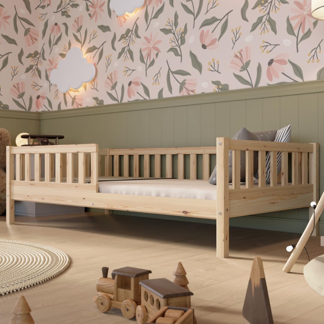 Crazy Pine Kinderbett 90x190 cm – Hohes Montessori Bodenbett aus Holz mit Rausfallschutz – Sicheres Kleinkindbett – Skandinavisches Design, Leichte Montage - Crazy Basic