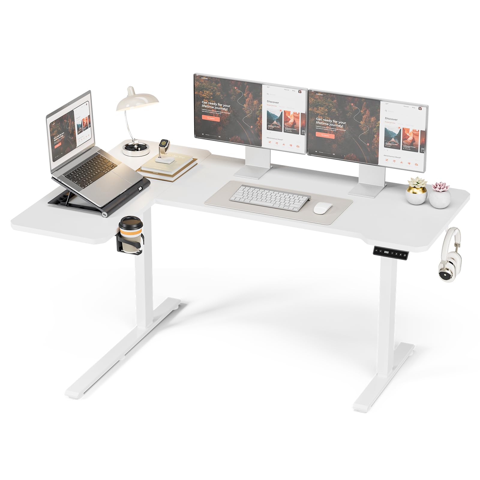 Eckschreibtisch Höhenverstellbarer Schreibtisch L Form,150 X 100 cm Elektrischer Höhenverstellbar Ergonomischer Schreibtisch L mit Getränkehaltern und Haken Stabiles Bürotisch, Braun