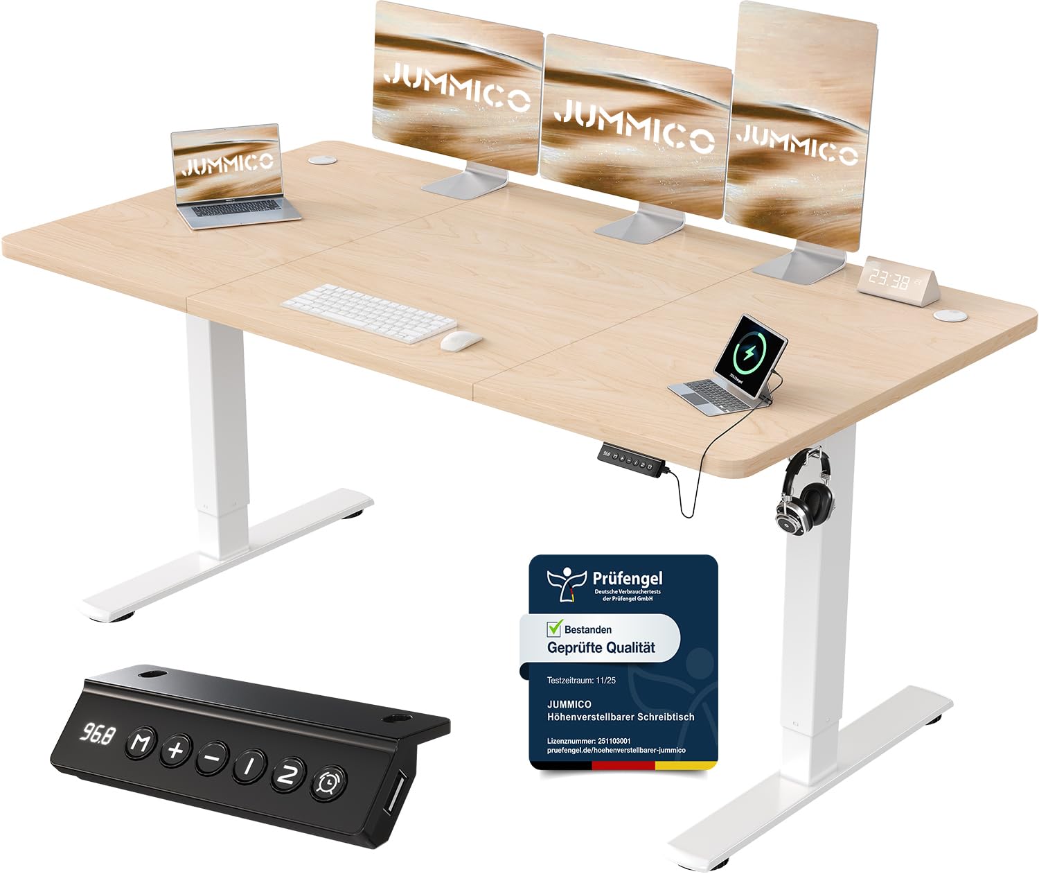 JUMMICO Höhenverstellbarer Schreibtisch mit USB-Ladeanschluss 200 x 80 cm, Schreibtisch Höhenverstellbar Elektrisch, Steh-Sitz Tisch Stehpult Verstellbarer Computertisch,Standing Desk,Weiß