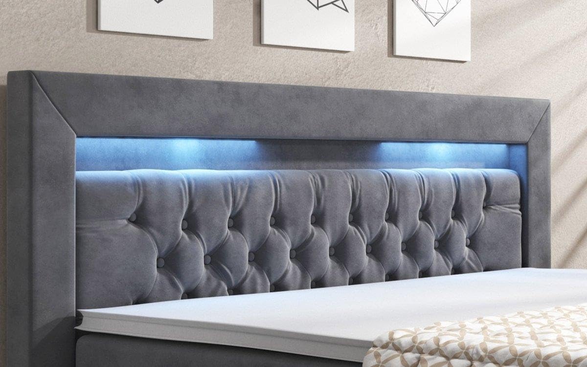 Luxusbetten24 Boxspringbett Menzogna Doppelbett 140x200-200x200 cm, Polsterbett mit LED-Beleuchtung, Stauraum & Samtbezug, H3 Schlafkomfort