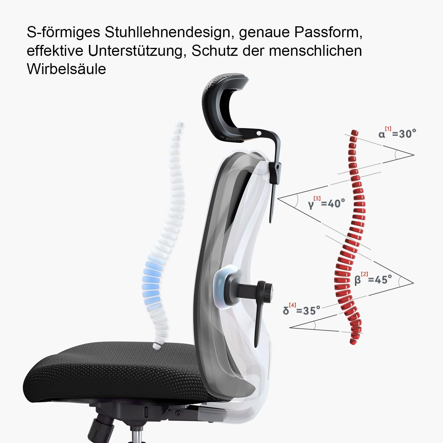 SIHOO Ergonomischer Bürostuhl – Verstellbare Lendenstütze, Kopfstütze, Wippfunktion, Belastbar bis 150 kg