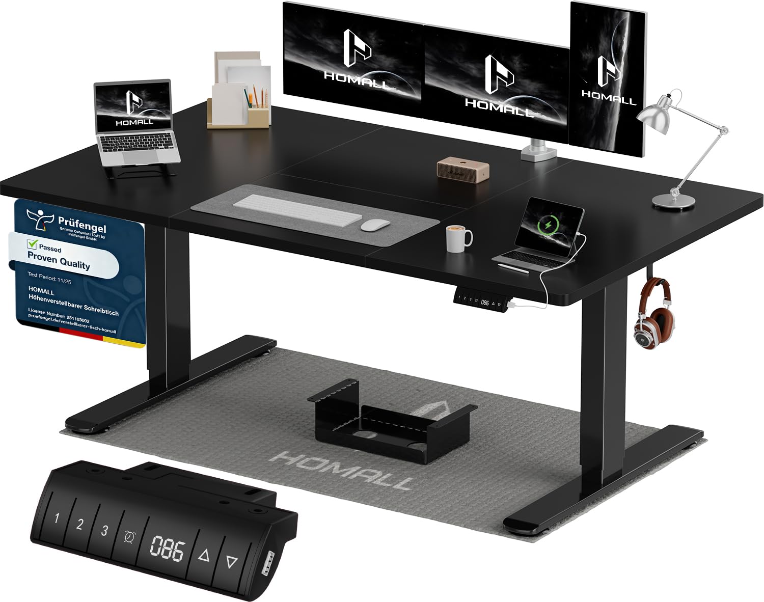 Homall Höhenverstellbarer Schreibtisch 140x70cm mit USB-A Ladeanschluss, Elektrischer Schreibtisch mit Kabel Management Tray, Standing Desk mit 3 Memory Funktion, Computertisch Weiß