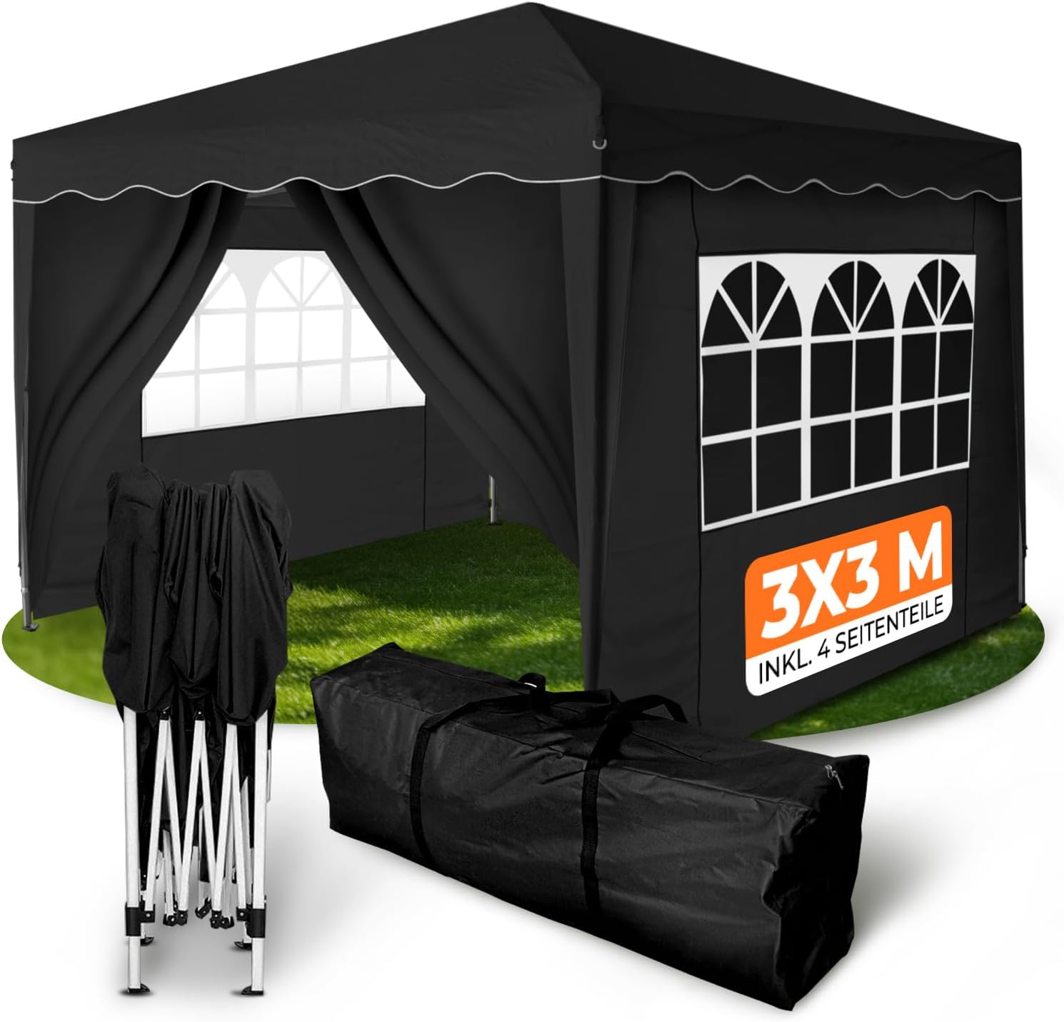 Kronenburg Faltpavillon wasserdicht Dachmaß 3 x 3 m UV Schutz 50+ Pavillon in Schwarz mit 4 Seitenteilen