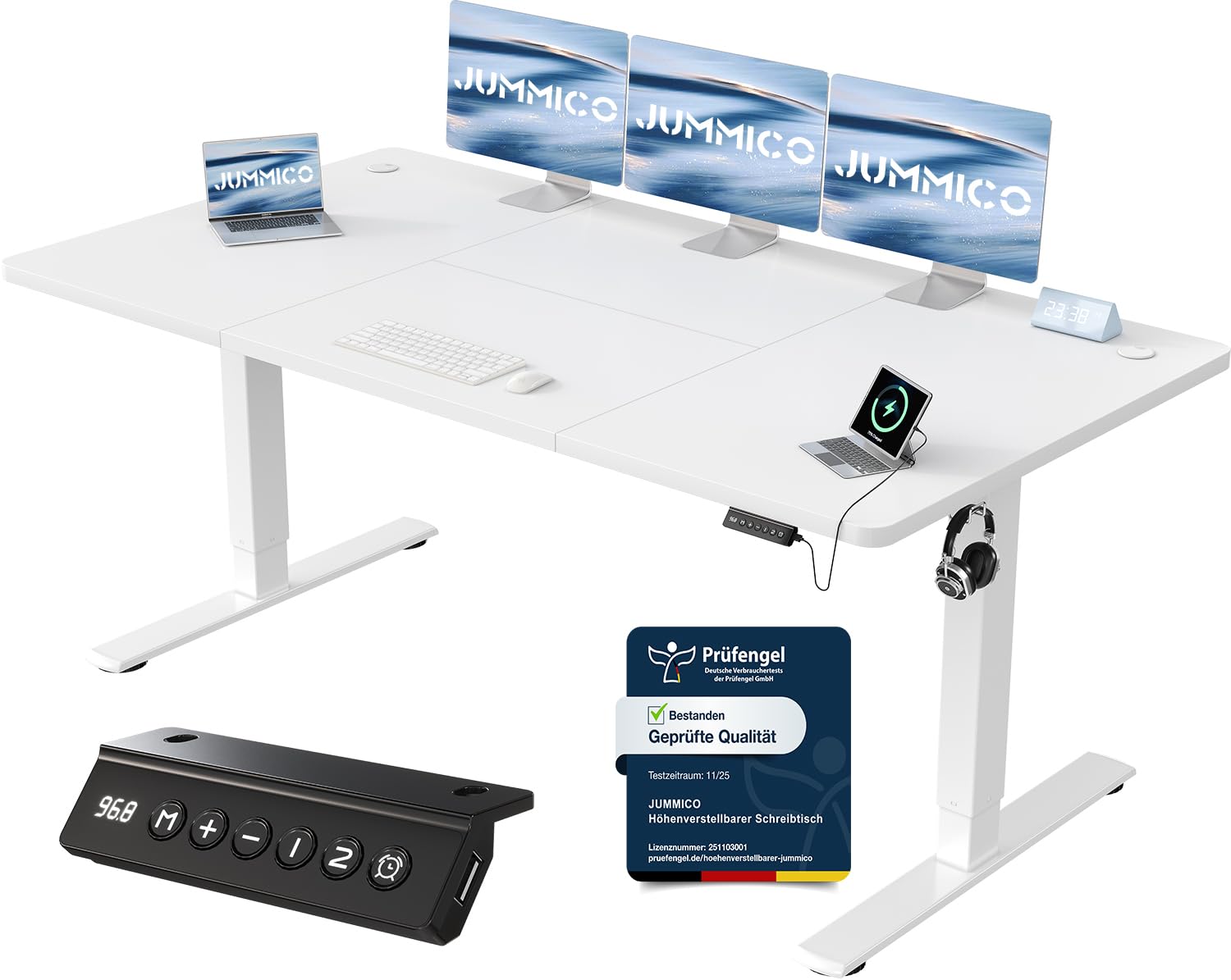 JUMMICO Höhenverstellbarer Schreibtisch mit USB-Ladeanschluss 200 x 80 cm, Schreibtisch Höhenverstellbar Elektrisch, Steh-Sitz Tisch Stehpult Verstellbarer Computertisch,Standing Desk,Weiß