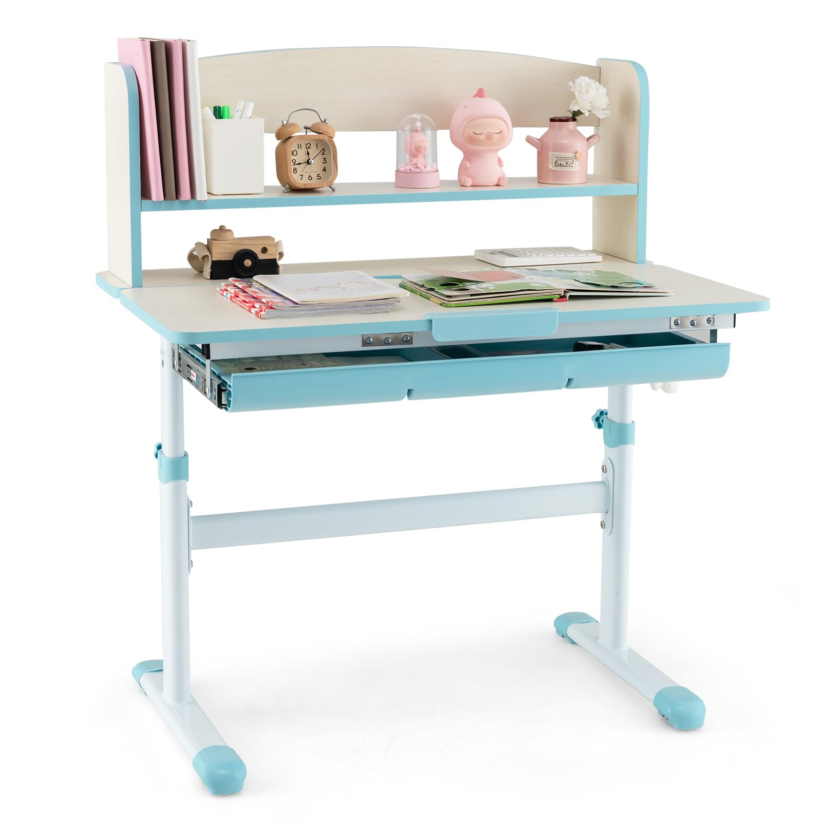 COSTWAY Kinderschreibtisch höhenverstellbar, Schreibtisch Kinder mit neigbarer Tischplatte, Regalen & Schublade, Jugendschreibtisch Schülerschreibtisch für 3-12 Jahre Kinder (Rosa)