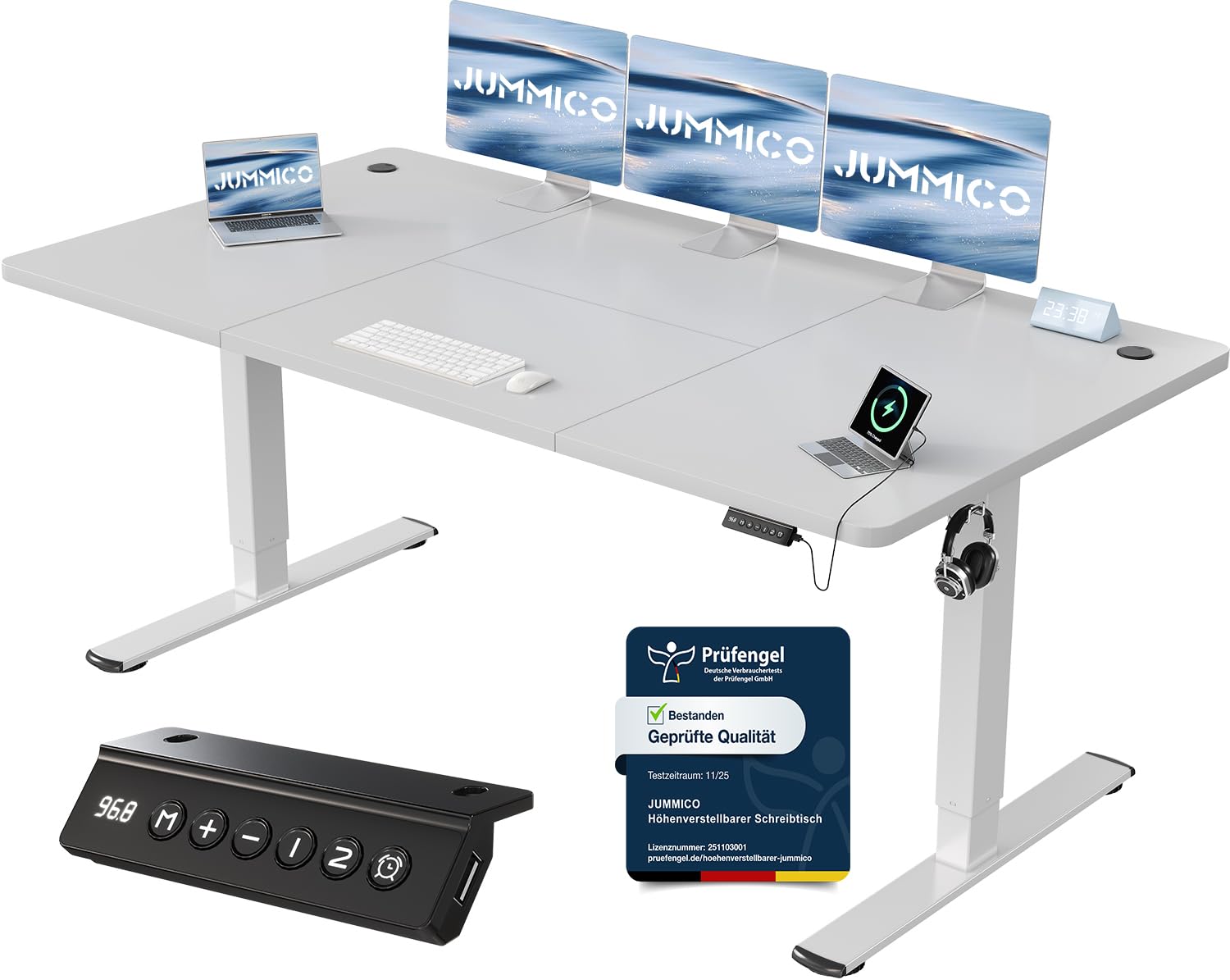 JUMMICO Höhenverstellbarer Schreibtisch mit USB-Ladeanschluss 200 x 80 cm, Schreibtisch Höhenverstellbar Elektrisch, Steh-Sitz Tisch Stehpult Verstellbarer Computertisch,Standing Desk,Weiß