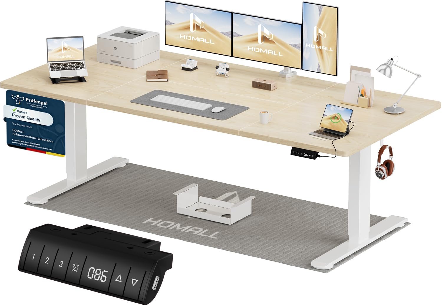 Homall Höhenverstellbarer Schreibtisch 140x70cm mit USB-A Ladeanschluss, Elektrischer Schreibtisch mit Kabel Management Tray, Standing Desk mit 3 Memory Funktion, Computertisch Weiß
