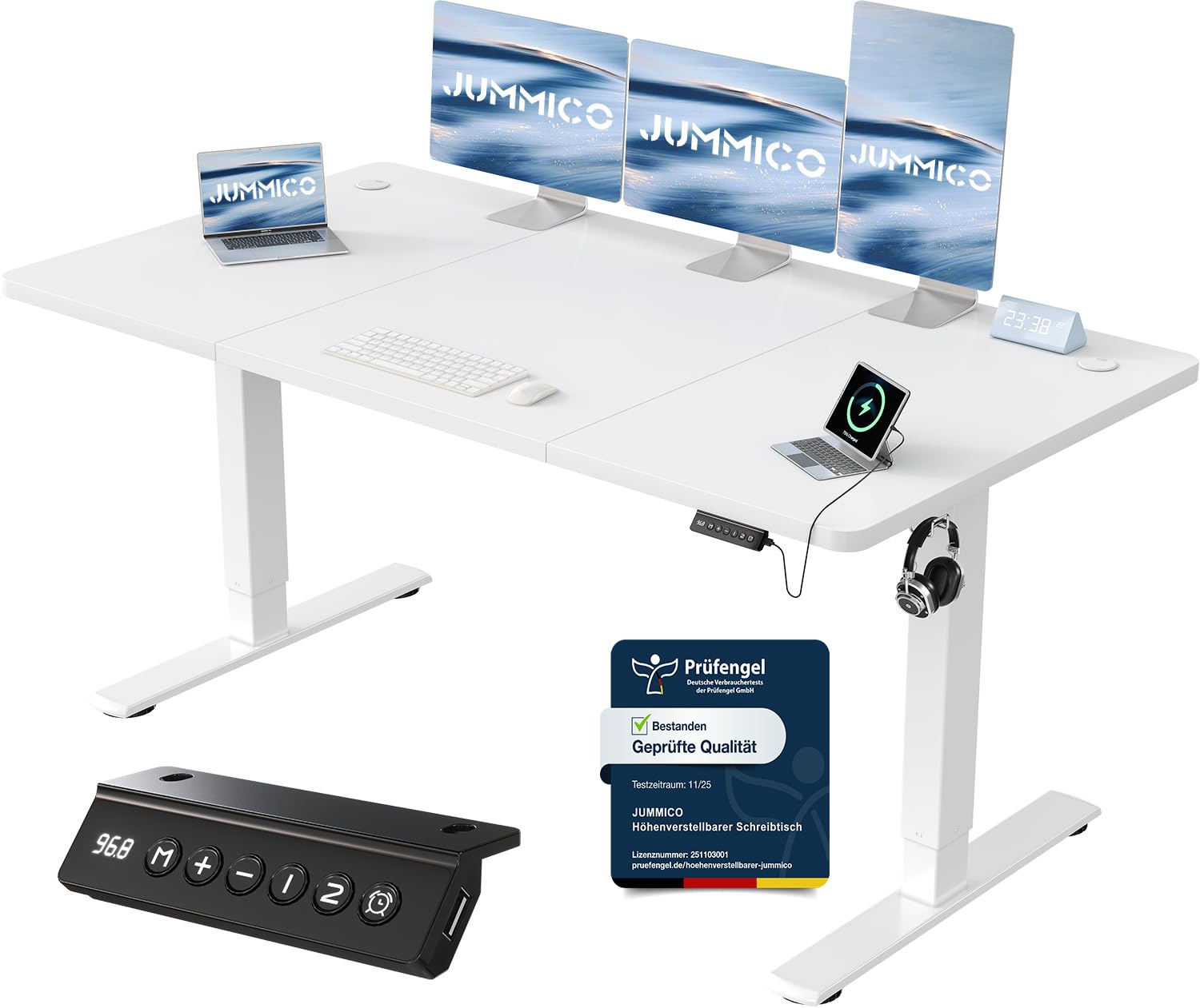JUMMICO Höhenverstellbarer Schreibtisch mit USB-Ladeanschluss 200 x 80 cm, Schreibtisch Höhenverstellbar Elektrisch, Steh-Sitz Tisch Stehpult Verstellbarer Computertisch,Standing Desk,Weiß