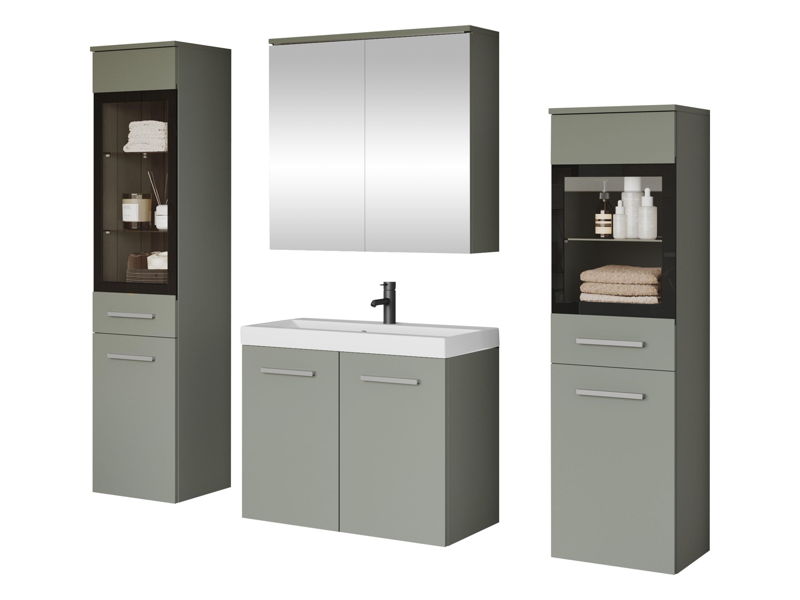 Mirjan24 Badmöbel Set Madrit II mit Waschbecken und Siphon, Komplettprogramme für Spiegelschrank, Waschtisch, Hochschrank (Kastanien Breslau/Grau Hochglanz, ohne Beleuchtung)