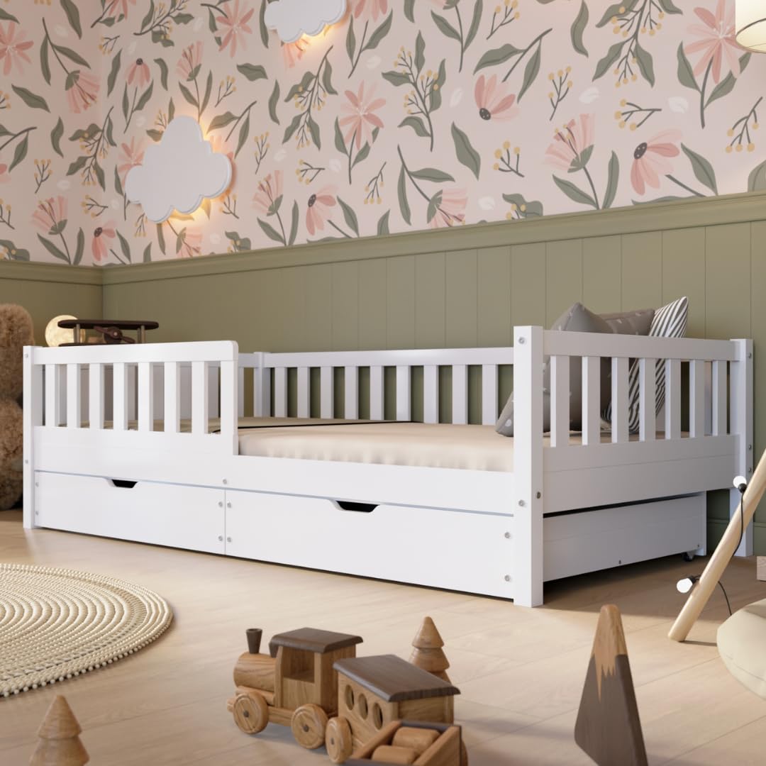 Crazy Pine Kinderbett 90x190 cm – Hohes Montessori Bodenbett aus Holz mit Rausfallschutz – Sicheres Kleinkindbett – Skandinavisches Design, Leichte Montage - Crazy Basic