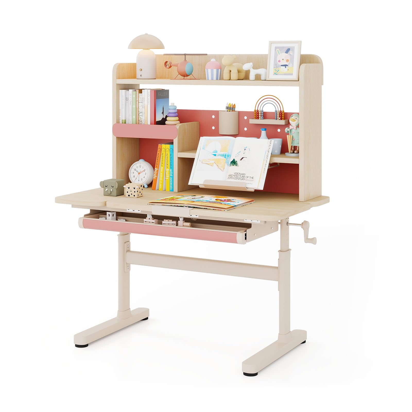 COSTWAY Kinderschreibtisch höhenverstellbar, Schreibtisch Kinder mit neigbarer Tischplatte, Regalen & Schublade, Jugendschreibtisch Schülerschreibtisch für 3-12 Jahre Kinder (Rosa)