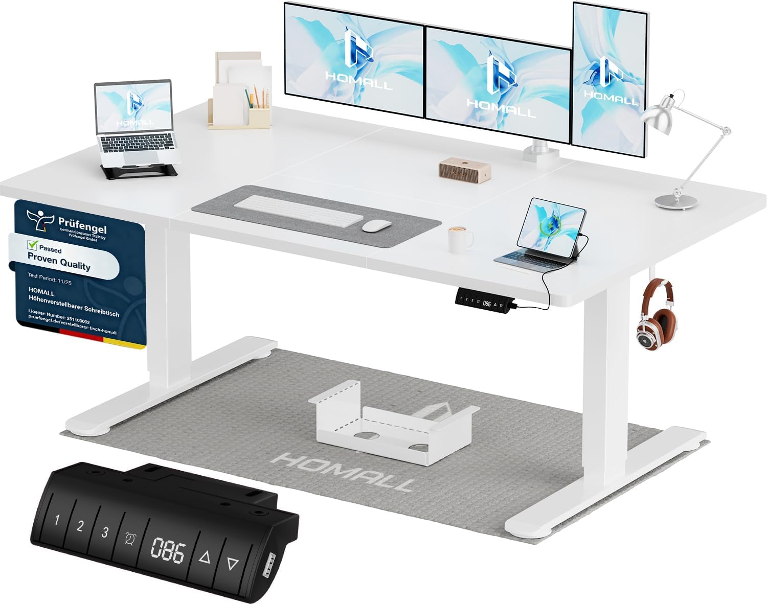 Homall Höhenverstellbarer Schreibtisch 140x70cm mit USB-A Ladeanschluss, Elektrischer Schreibtisch mit Kabel Management Tray, Standing Desk mit 3 Memory Funktion, Computertisch Weiß