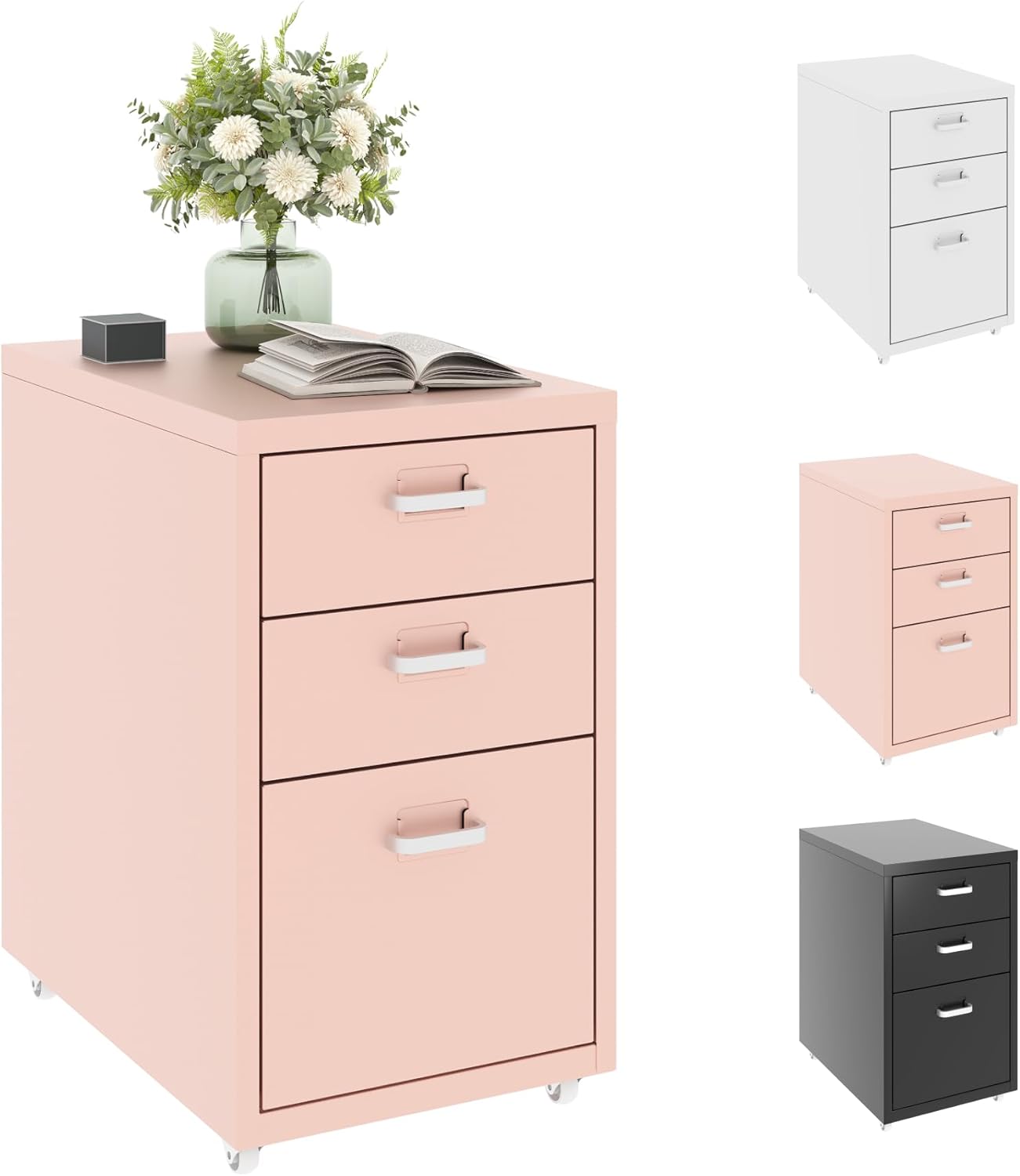 FLEXISPOT Rollcontainer Büroschrank mit 3 Schubladen, Aktenschrank Metallschrank Kommode mit Rädern, Schreibtisch Unterschrank für Zuhause und Büro (Rosa)