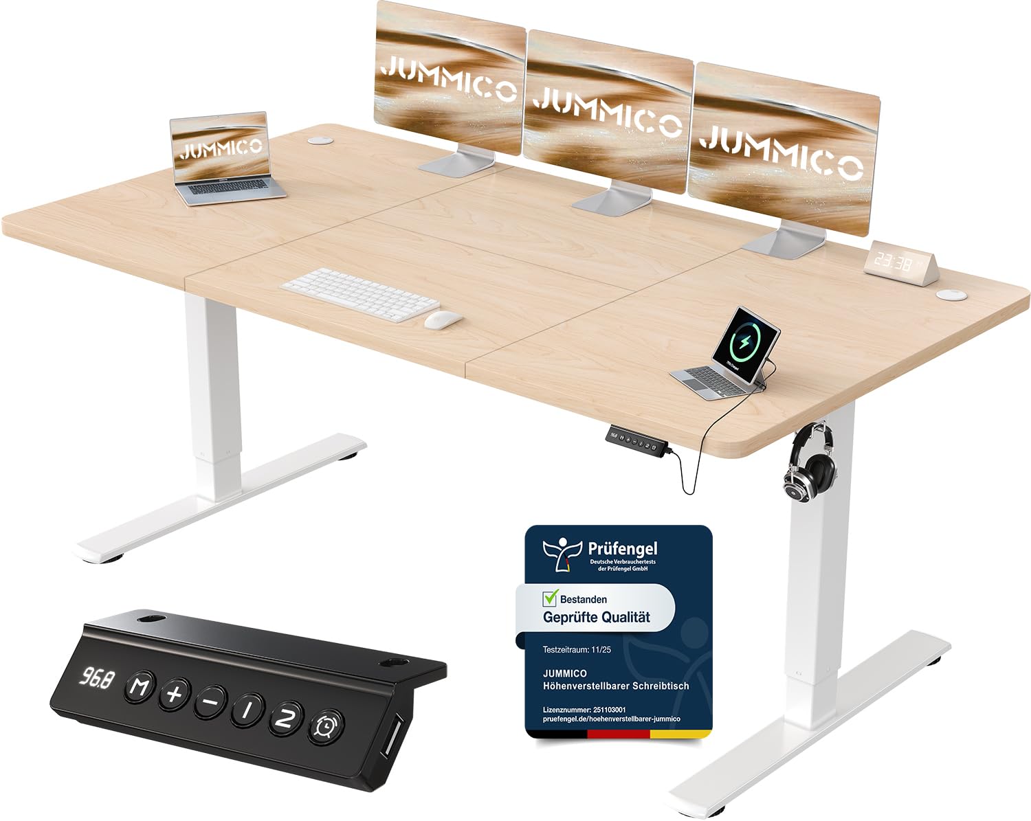 JUMMICO Höhenverstellbarer Schreibtisch mit USB-Ladeanschluss 200 x 80 cm, Schreibtisch Höhenverstellbar Elektrisch, Steh-Sitz Tisch Stehpult Verstellbarer Computertisch,Standing Desk,Weiß