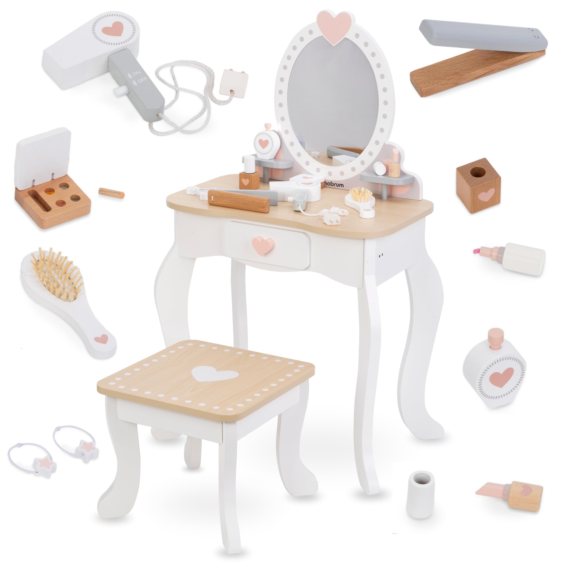 mamabrum XXL Kinder Schminktisch aus Holz mit Hocker & LED-Spiegel – Frisiertisch ab 3 Jahren mit Schublade & Beauty Zubehör – Kreatives Spielset & Schreibtisch für Mädchen