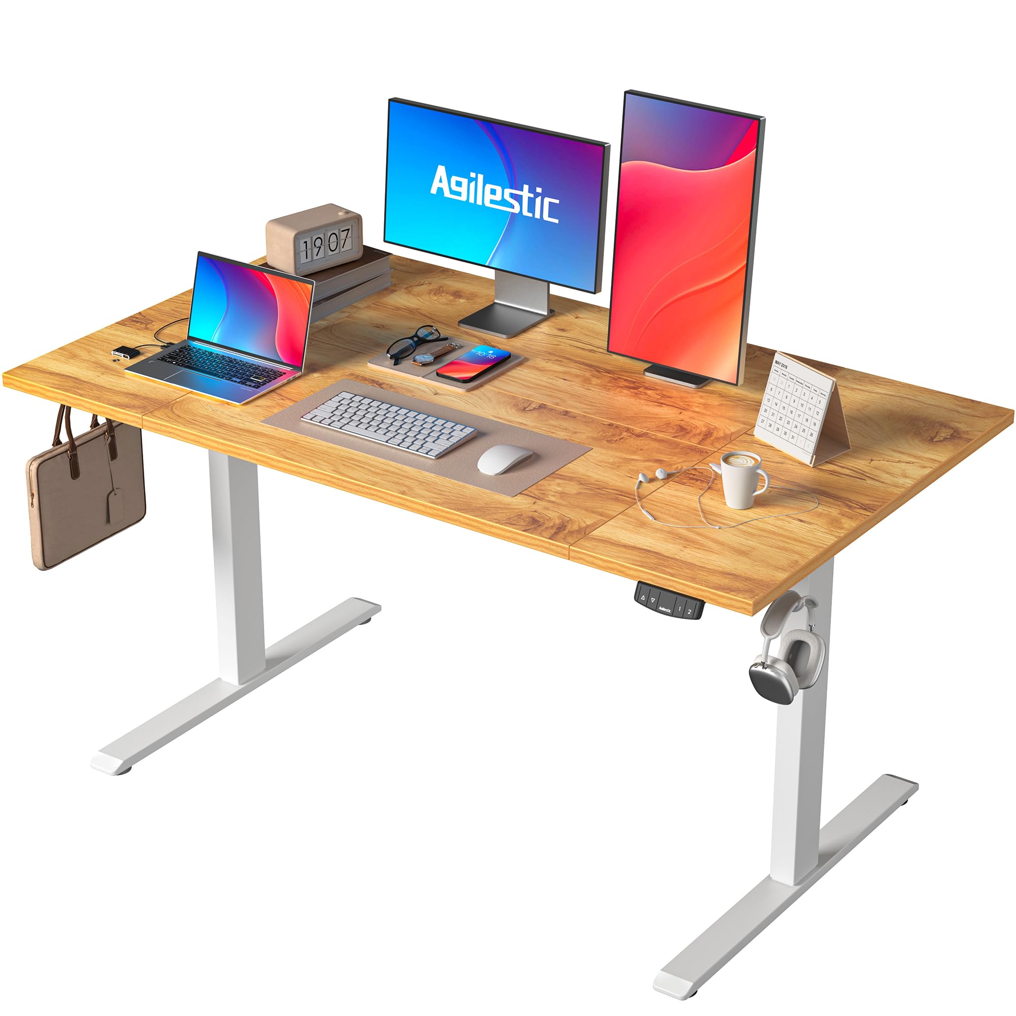 Agilestic Elektrisch Höhenverstellbarer Schreibtisch 120x80 cm, Sitz-Steh Stehpult mit Memory-Funktion, Höhenverstellbarer Computertisch, Gaming-Schreibtisch mit Vierteiliger Tischplatte,Weiß