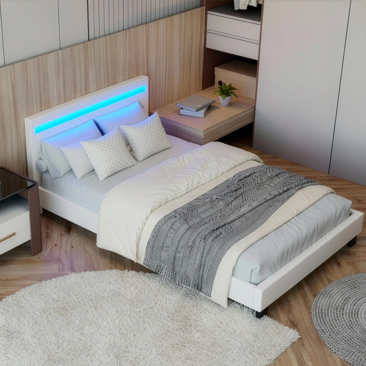 Juskys Polsterbett Paris 90x200 cm mit LED-Beleuchtung, Lattenrost & Kopfteil, Bett mit Gestell aus Holz & Webstoff Bezug, grau