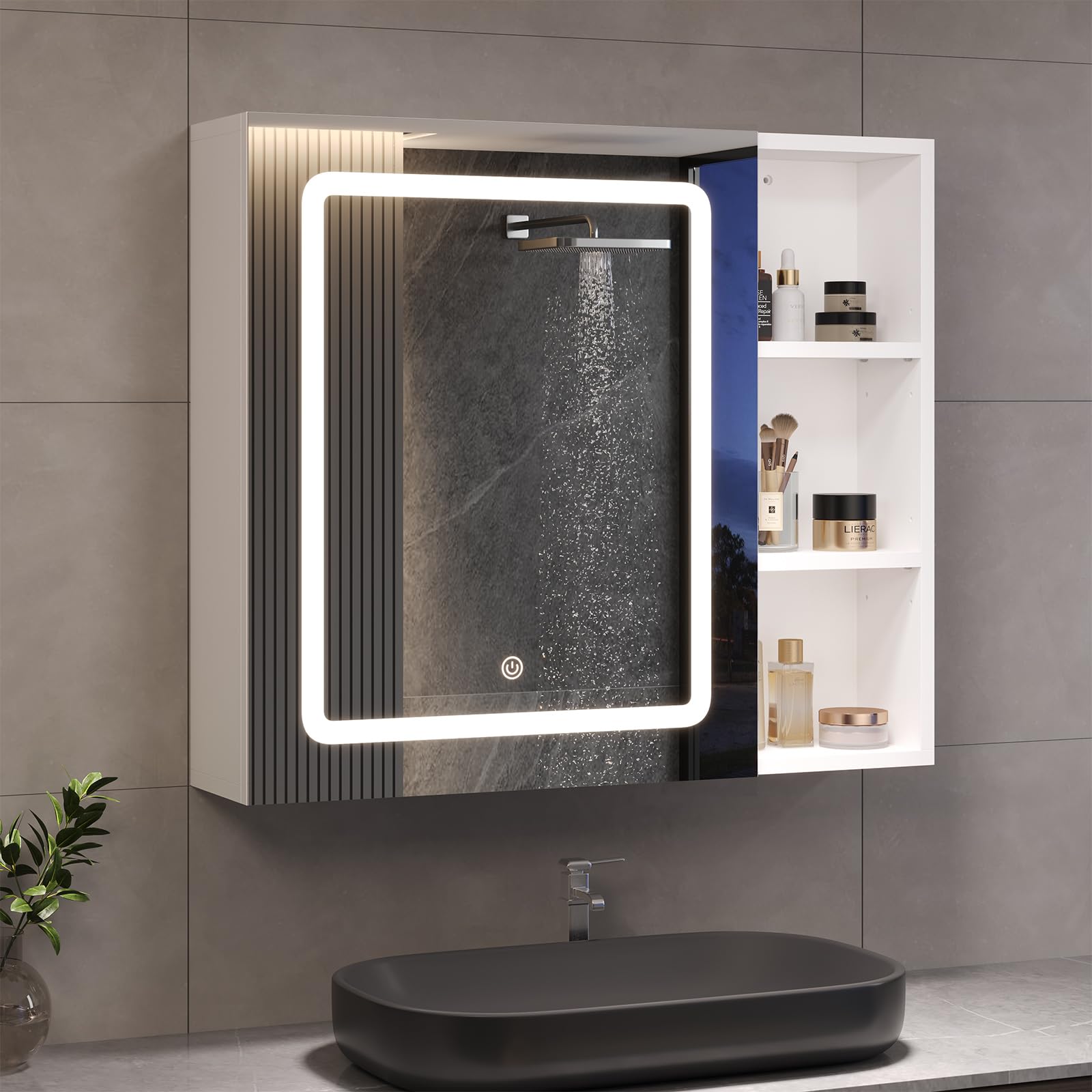 DICTAC Badezimmer spiegelschrank mit Beleuchtung 80x60x16cm Spiegelschrank Bad mit LED und Steckdose 80 cm Breit Doppeltür Badschrank mit Spiegel und Ablage,Hängeschrank,Berührung Sensorschalter,Weiß