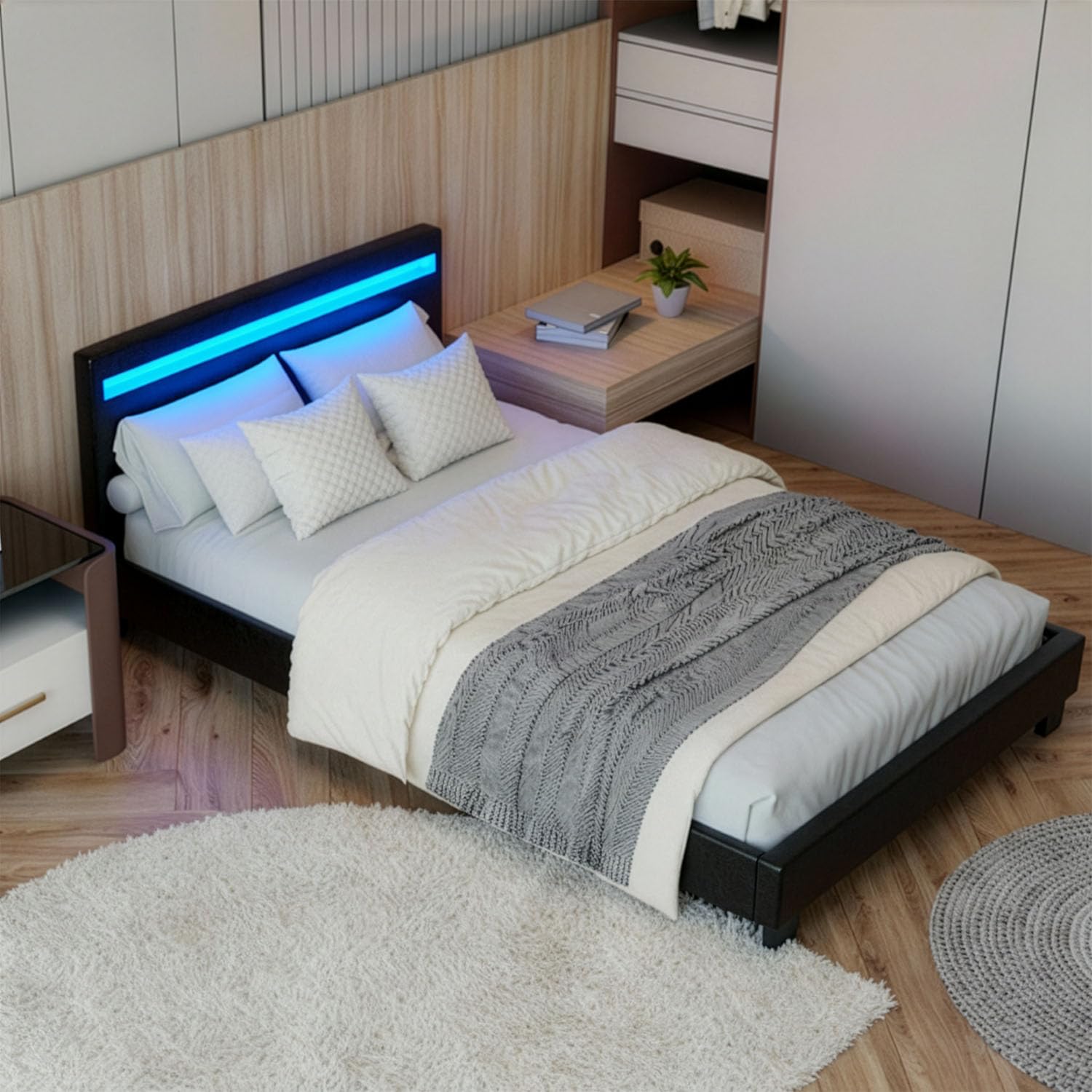 Juskys Polsterbett Paris 90x200 cm mit LED-Beleuchtung, Lattenrost & Kopfteil, Bett mit Gestell aus Holz & Webstoff Bezug, grau