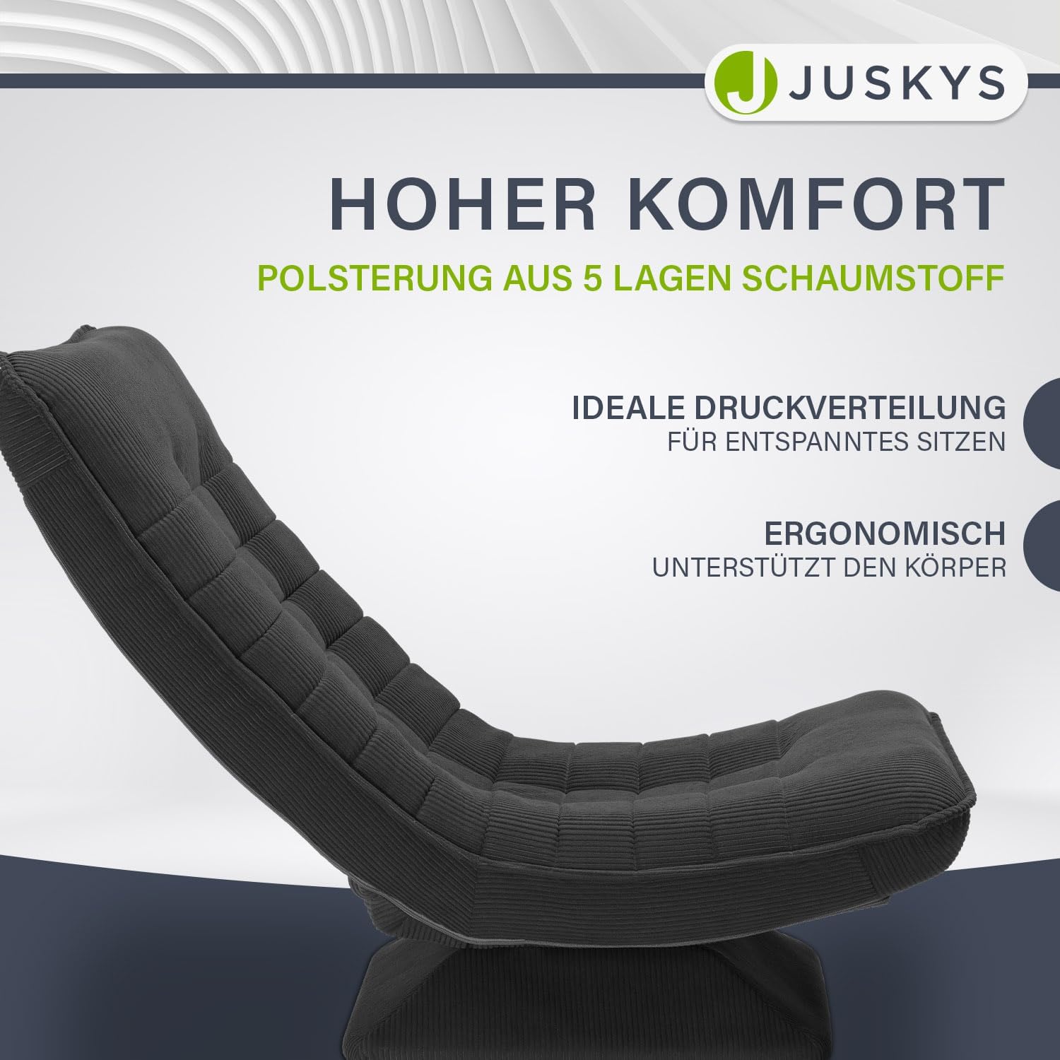 JUSKYS Relaxsessel Korsika, Cord, 360° drehbar & klappbar, Dunkelgrau, Metallrahmen
