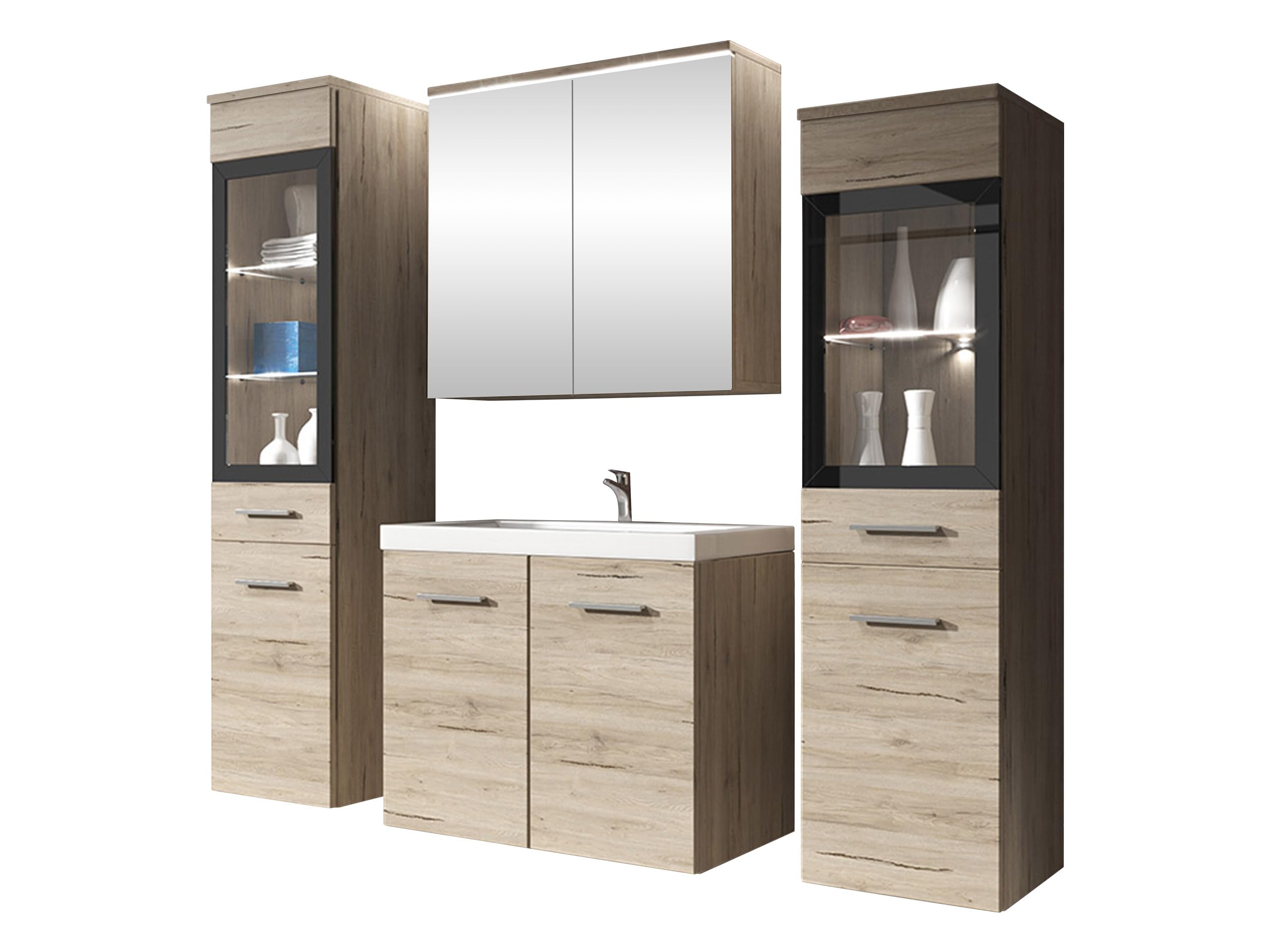 Mirjan24 Badmöbel Set Madrit II mit Waschbecken und Siphon, Komplettprogramme für Spiegelschrank, Waschtisch, Hochschrank (Kastanien Breslau/Grau Hochglanz, ohne Beleuchtung)