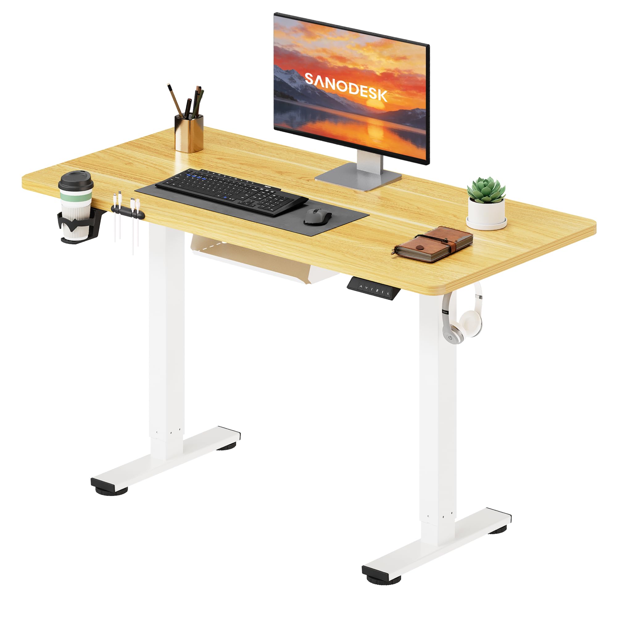 SANODESK Höhenverstellbarer Schreibtisch 200×80 cm – XXL Standing Desk mit 70 kg Tragkraft, Anti-Kollisions-Schutz & vielseitigem Zubehör, ideal für Teamarbeit oder Studio(Weiß)