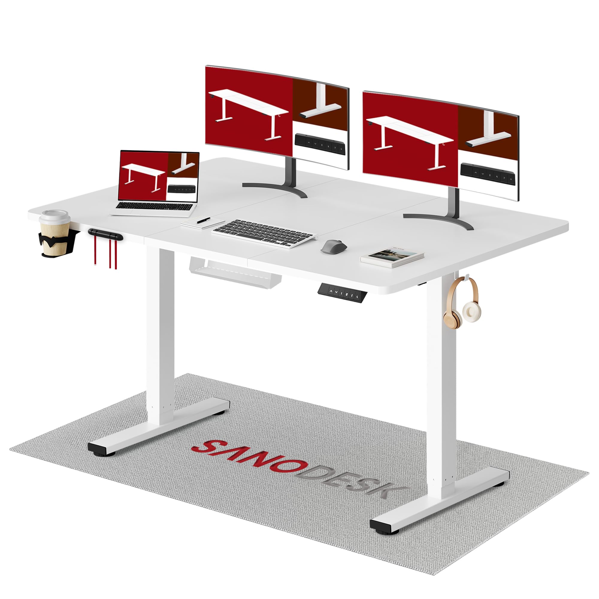 SANODESK Höhenverstellbarer Schreibtisch 200×80 cm – XXL Standing Desk mit 70 kg Tragkraft, Anti-Kollisions-Schutz & vielseitigem Zubehör, ideal für Teamarbeit oder Studio(Weiß)