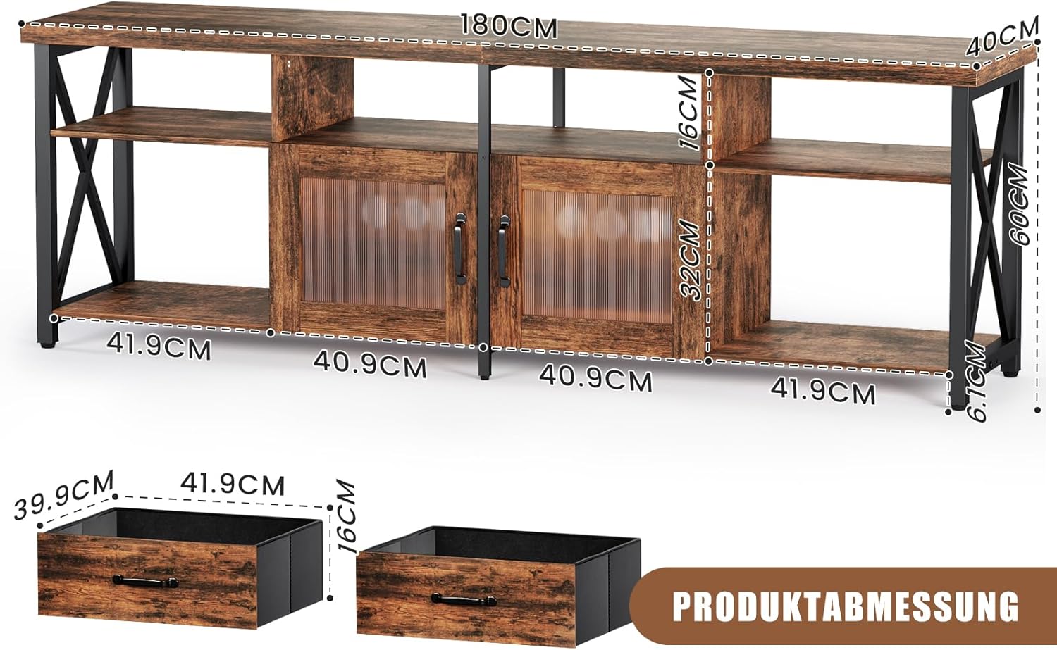 Generisch TV Lowboard Industrial Stil, Braun, 180 cm, Holz & Metall, für 60–70 Zoll Fernseher